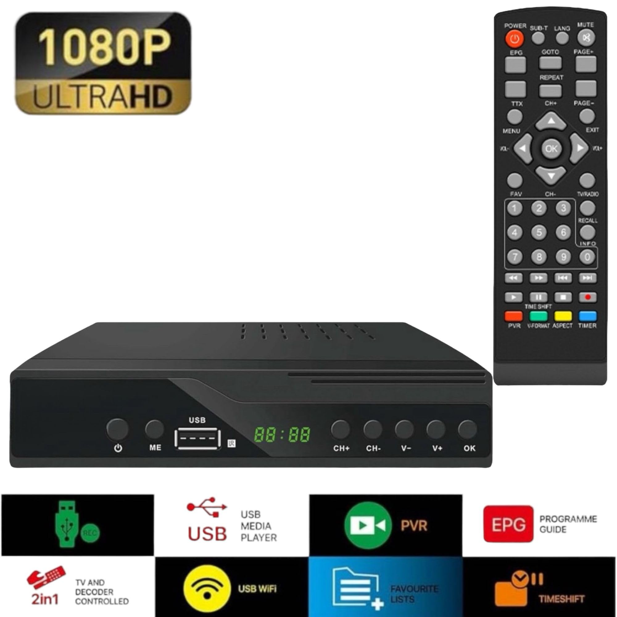 2024 Nuevo Español TDT Decodificador Televisión UHD DVB-T T2 O T3 Tuner MPEG-4 2 HD, Sintonizador de Digital Terrestre, Receptor Digital de Alta definición Full HD 1080p Dolby/MPEG-2/4 (JN 821T2)