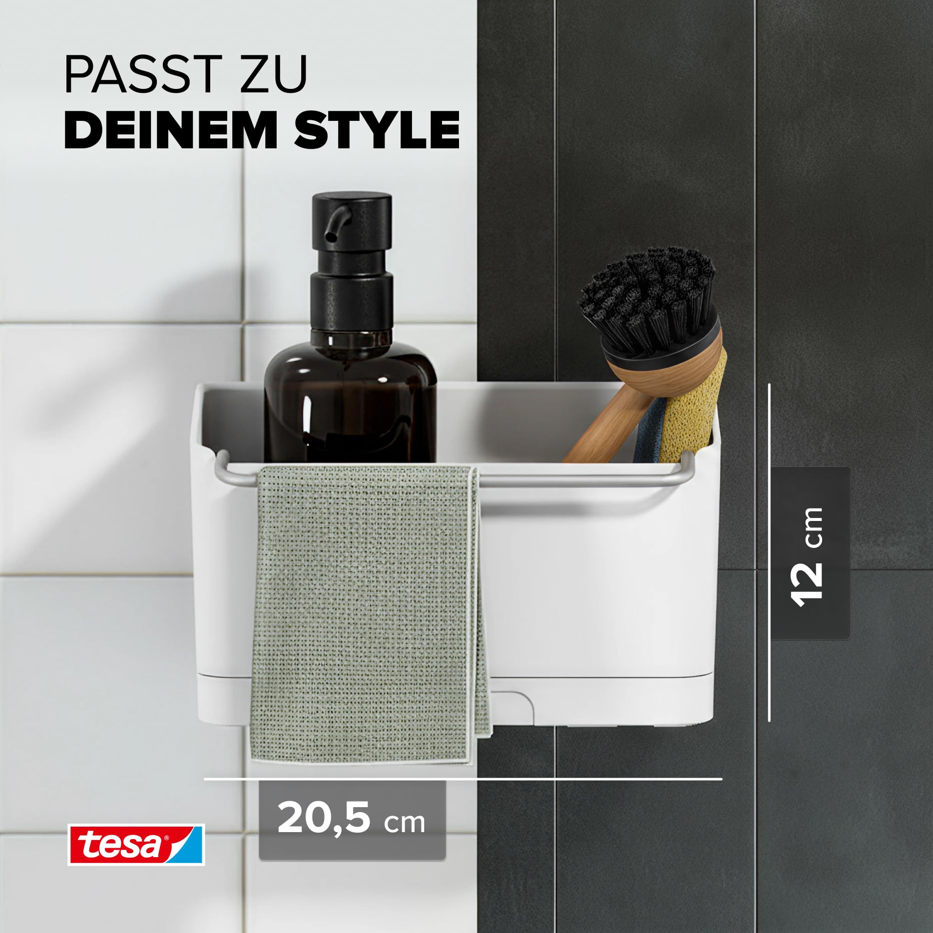 tesa Spülbecken-Organizer zum Kleben ohne Bohren – Schwammhalter Küche,Spülbürstenhalter & Spültuchhalter Spülbürste, Schwamm und Spüllappen - schmal – modernes Küchenzubehör Wandmontage – Weiß