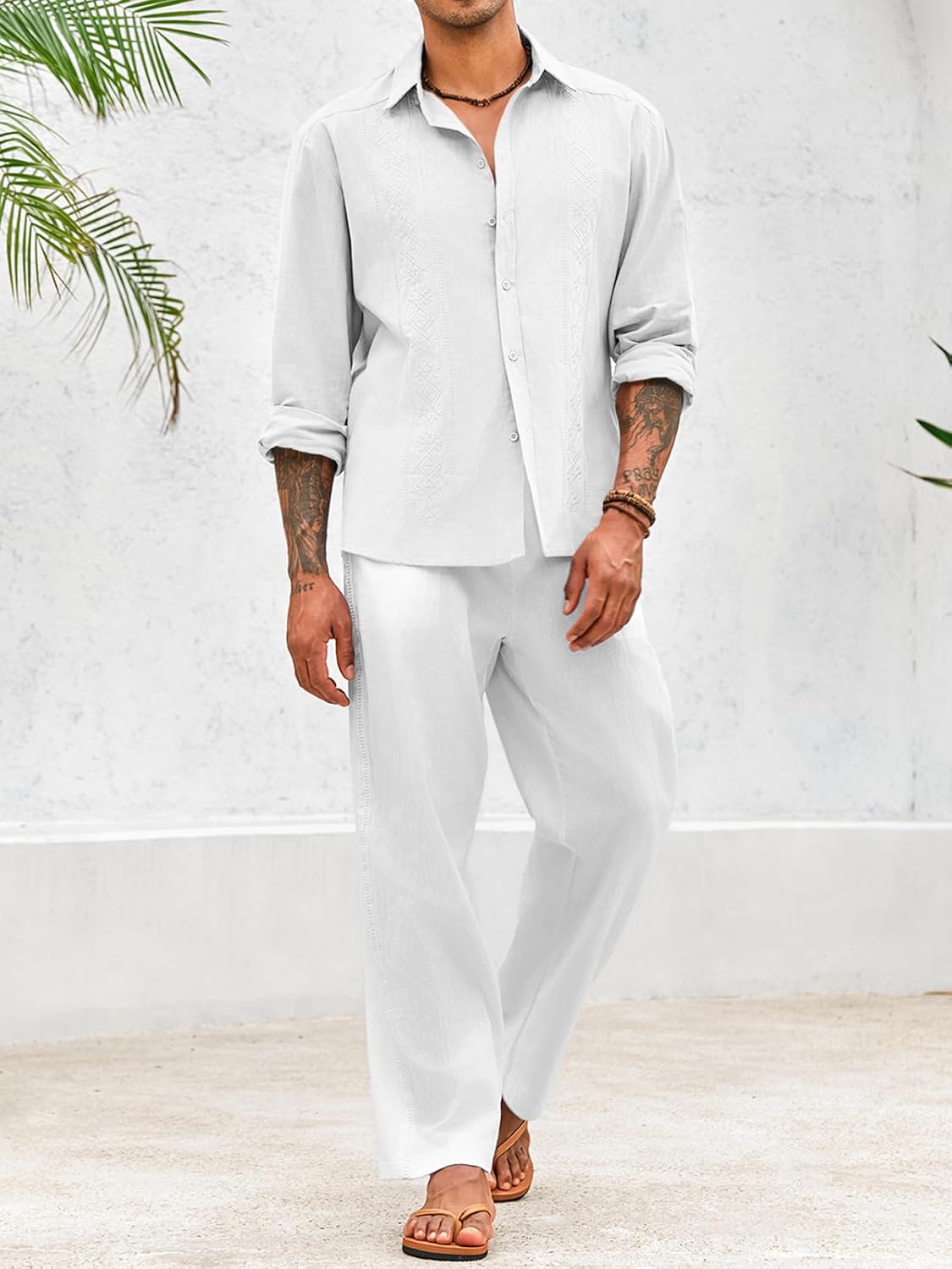 Makkrom Men's Casual Cotton Linen Button Down Shirts Cuban Guayabera Shirt Long Sleeve Summer Beach Tops - Image 4