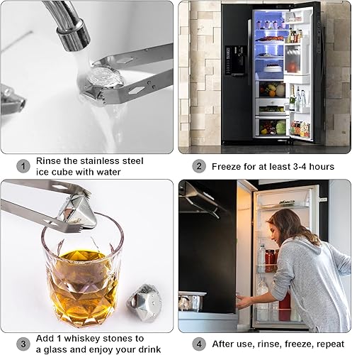 Miniatura 6 de Piedras de whisky regalos de whisky para hombres 4 piezas de piedras de whisky de acero inoxidable cubo de hielo reutilizable piedras de whisky