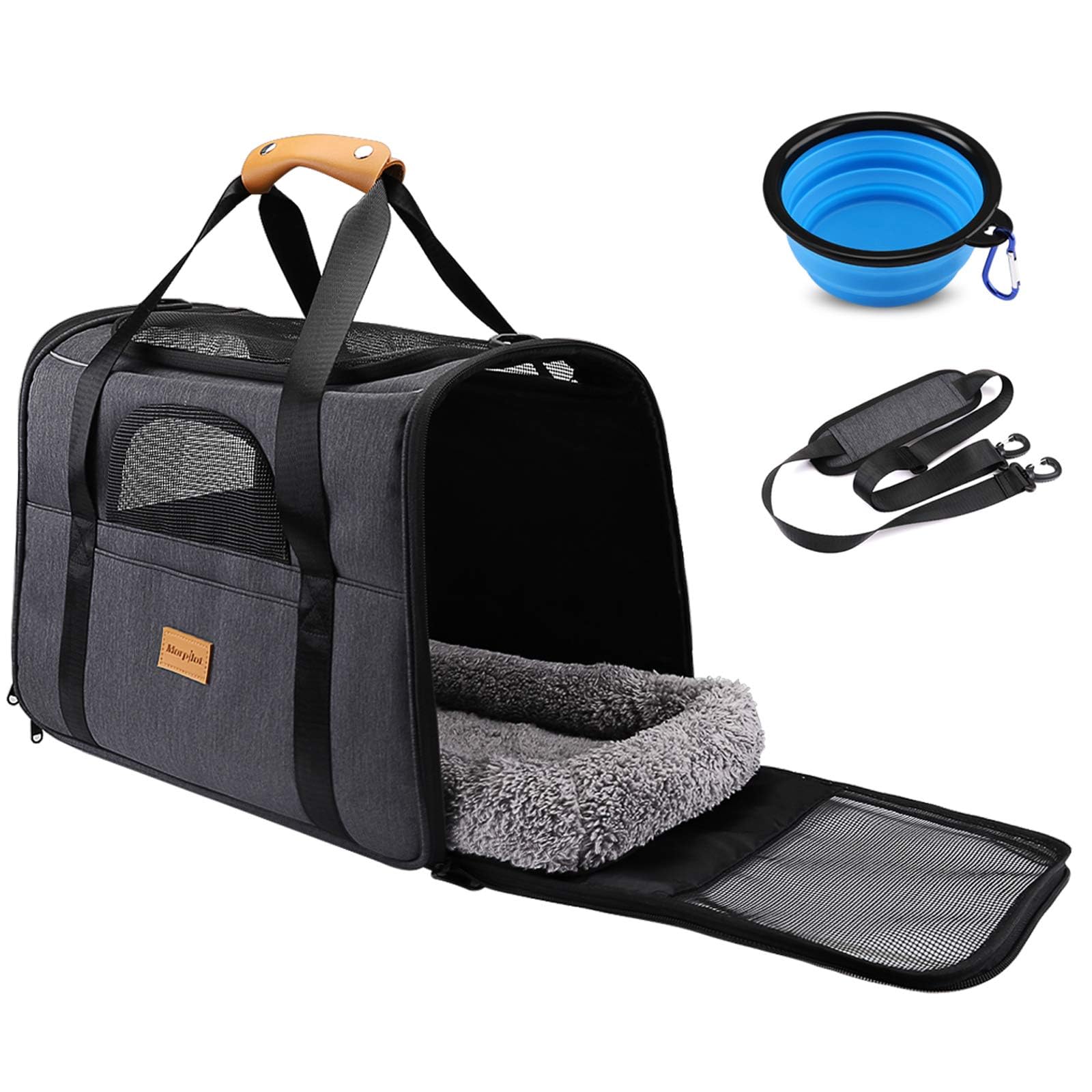 Cat Carrier - Airline Approved, Top Opening Portable Dog Bag with Breathable Mesh/Removable Mat, Adjustable Shoulder Strap & Bowl, Foldable Travel Cage, L, Grey (Max 9kg)
