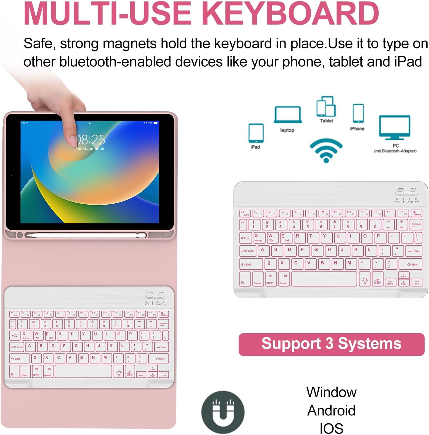 BORIYUAN iPad 9th 2021/8th/7th Generation Keyboard Case, 7 Colors Backlit Detachable Keyboard Slim Folio Smart Cover for iPad 10.2"/iPad Air 10.5"(3rd Gen)/iPad Pro 10.5" with Pencil Holder – Pink