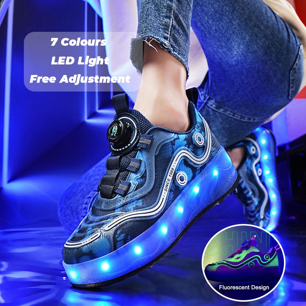 ENEN Chaussure à Roulette Lumière LED, Chaussures à Roulettes Rétractables Garçons Basket Roulette Enfant Fille, Roller 4 Roues Déformable Adolescents Intérieur Extérieur 30-40 EU