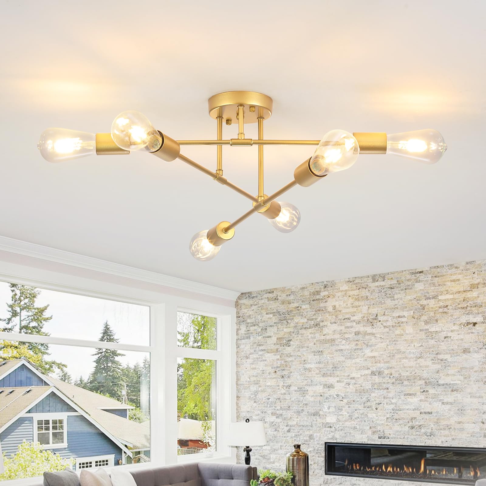 6-flammige Gold Sputnik Deckenlampe, Metall Modern E27 Wohnzimmer | Offene Konstruktion Reduziert Schattenbildung, Dimmbar Deckenleuchte Schlafzimmer, 220V, Max 60W, für Küche, Flur, Essbereich