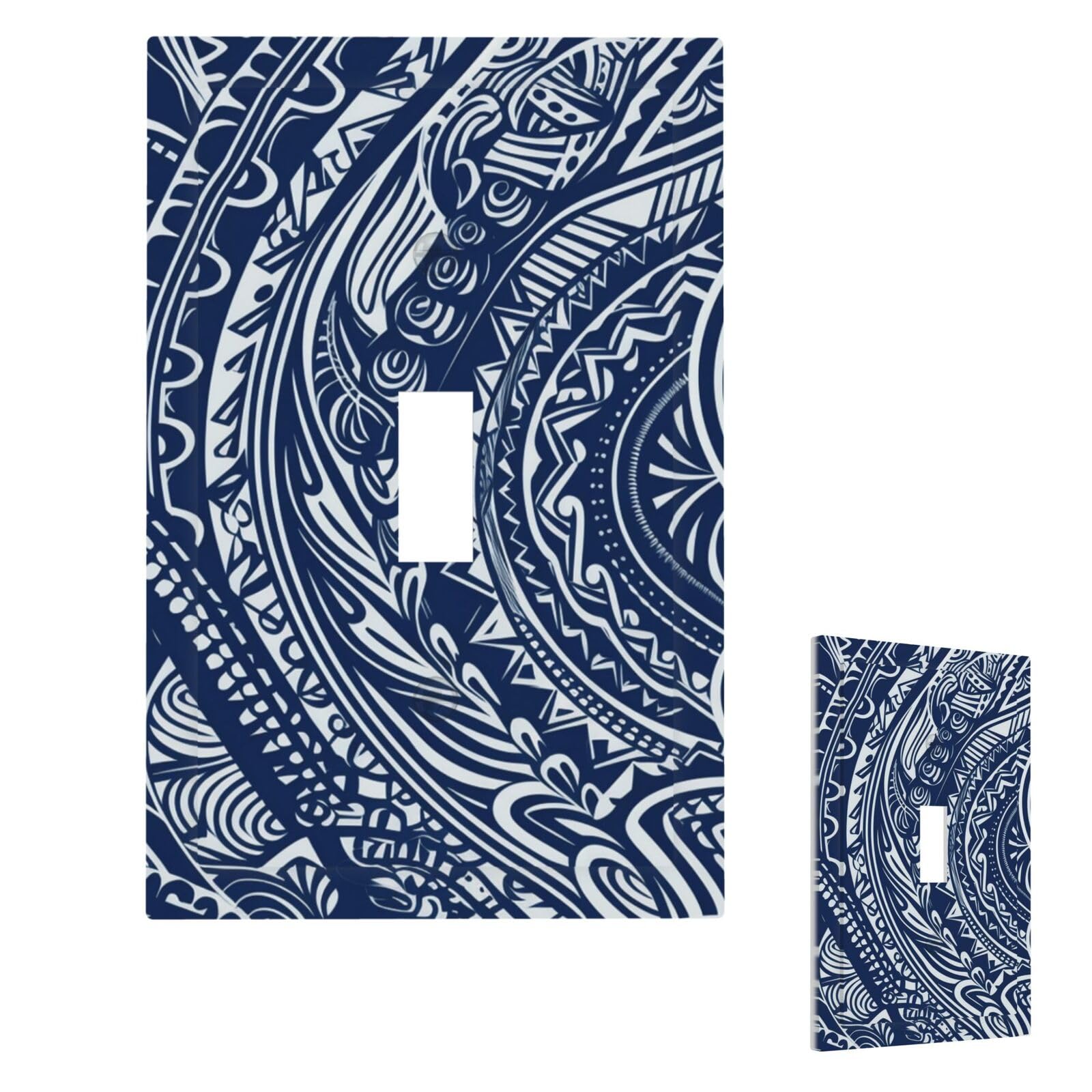 Fekiloot Single Toggle Blue Polynesian Maori Tribal Pattern Wall Plate Cover Modern Decorative 1 Gang Light Switch Cover Unbreakable Receptacle Outlet Covers For Living Room Bedroom Home Decor