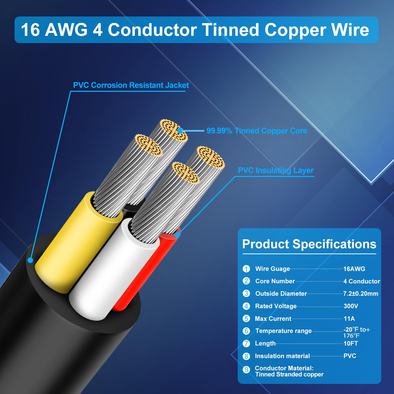 16 Gauge 4 Conductor Wire, 10FT 16/4 Tinned Copper 4 Wire Cable, Stranded Electrical Wires for Speaker,Automotive,Thermostat,Trailer,Irrigation,Sprinkler Etc