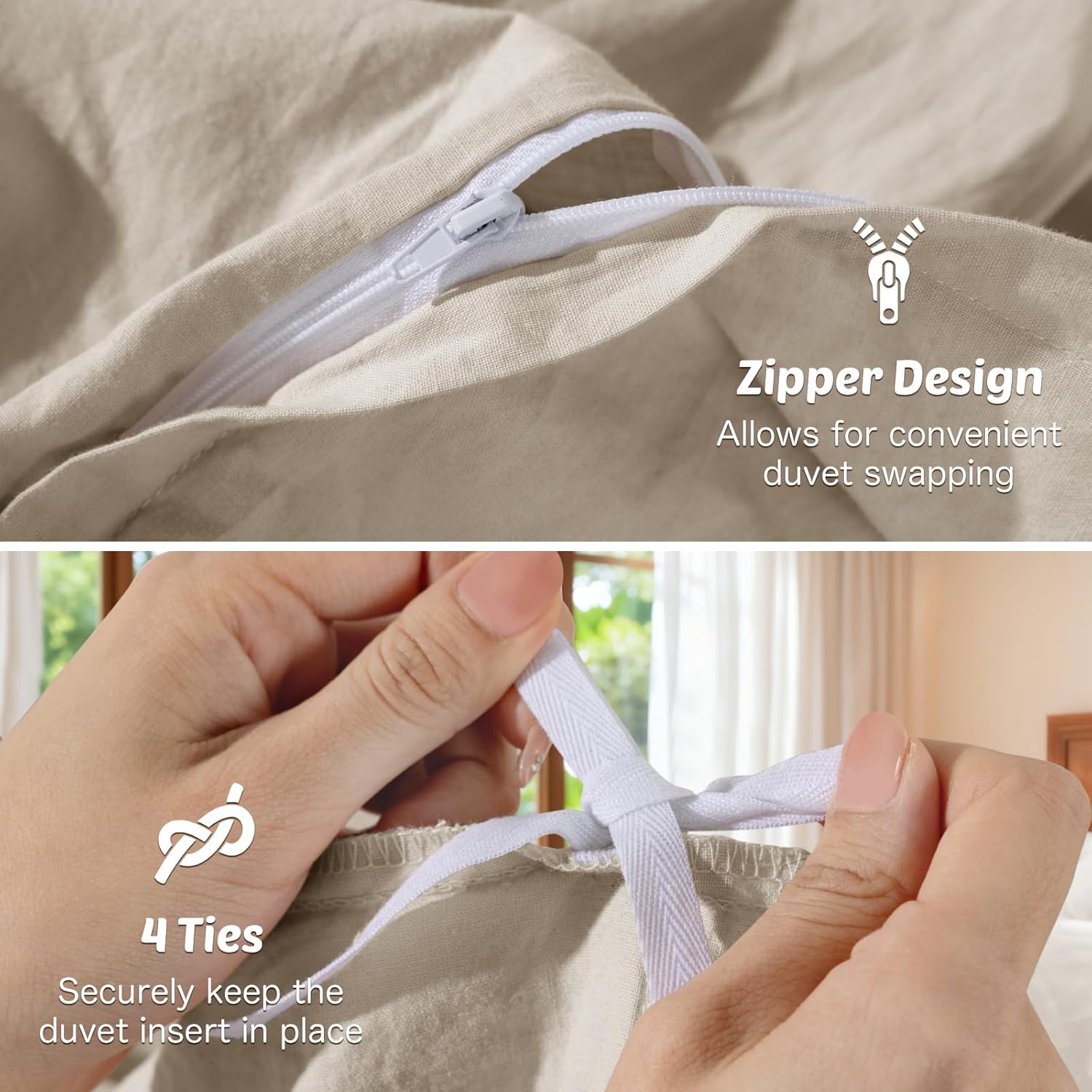 100% Linen Duvet Cover Set King Size, Pure Natural French Flax Linen Duvet Cover, Breathable for Hot Sleepers, Zipper Closure & Corner Ties - 3 Piece (Linen,King)