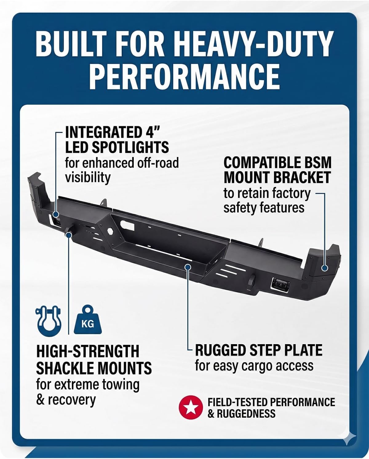 Rear Bumper Compatible with 2016-2023 Toyota Tacoma 3rd Gen, Rugged Steel Off-Road Upgrade with LED Lights, Black