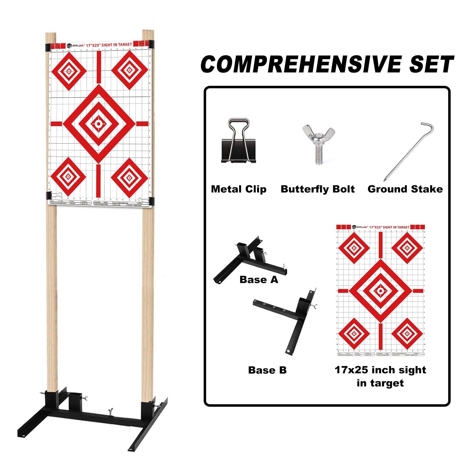 Atflbox 2 Pack Shooting Target Stand with 10pcs 17x25 Inch Sight in Paper Targets, Durable Paper Target Holder with Stable Adjustable Base for Cardboard Silhouette, H Shape, USPSA/IPSC, IDPA Practice