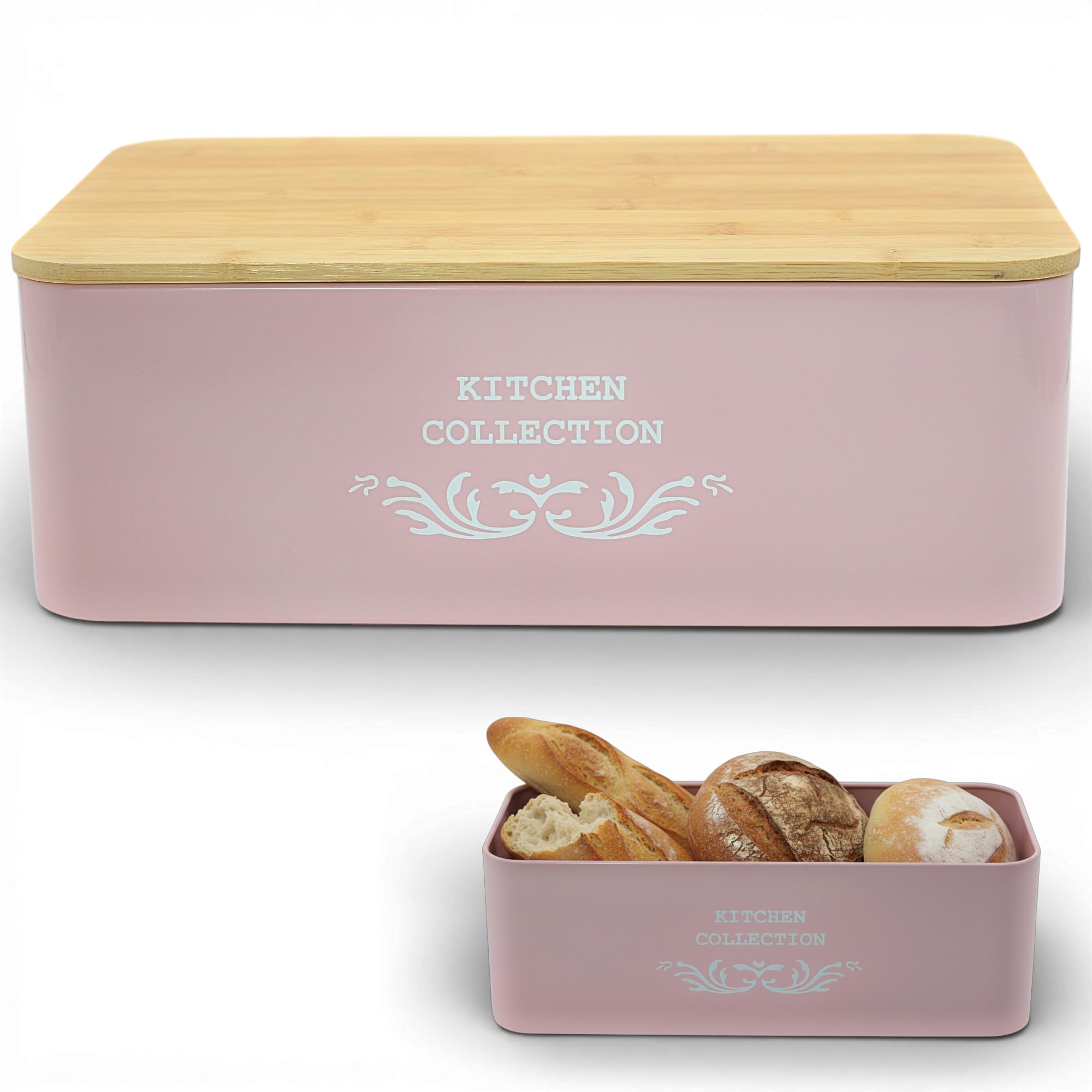 Contenitore Portapane con cap di bambù 35x12x23 CM - Rosa-Scatola Pane da Cucina in Metallo con Coperchio in Bambù – Design Vintage