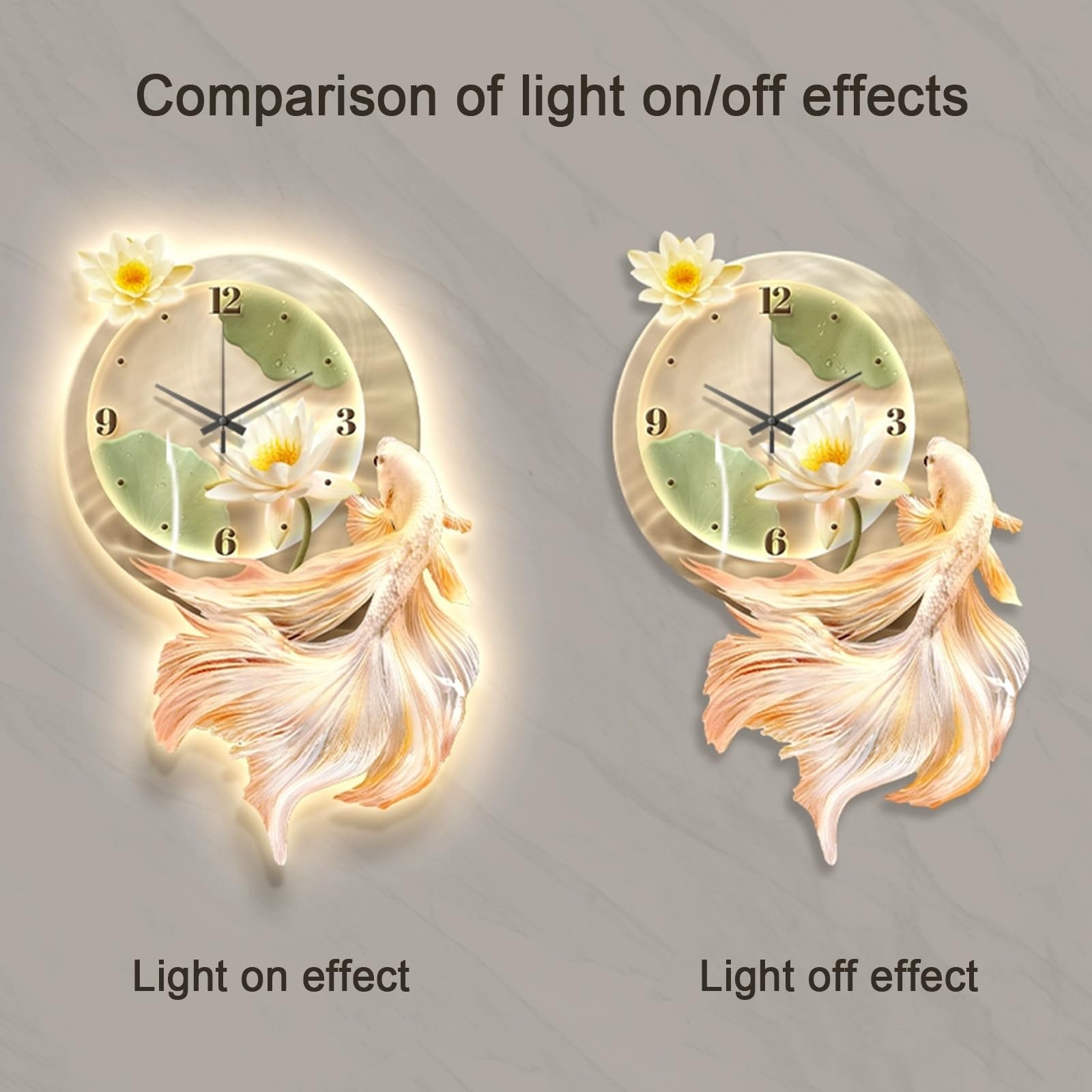Orologio da parete 3D con luce LED, motivo pesce koi, decorazione orientale per la casa, soggiorno e camera da letto