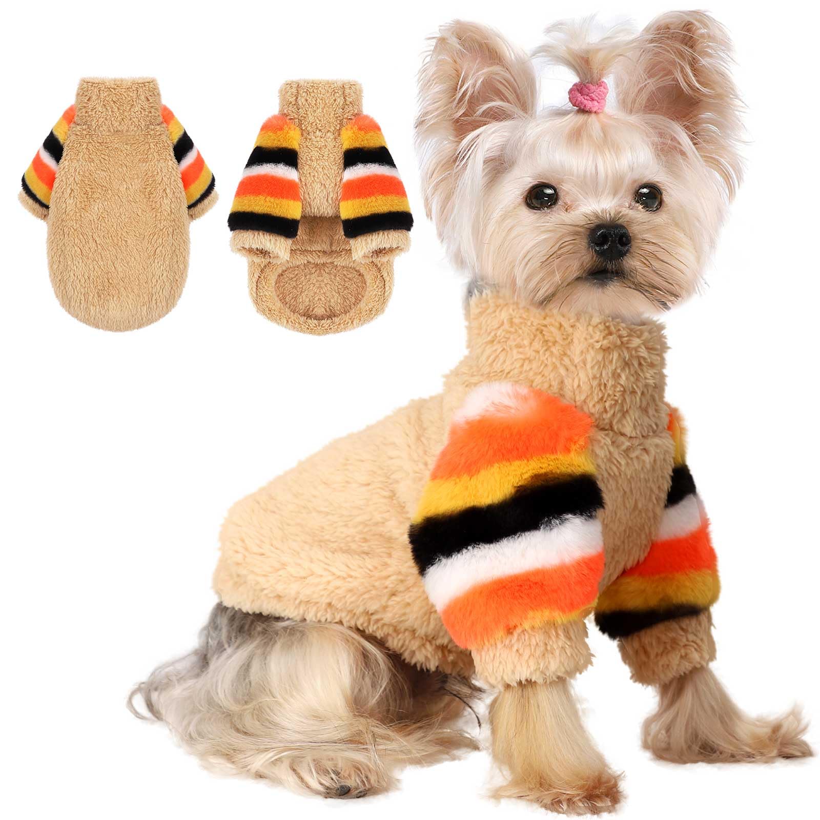 Dog Sweaters for Small Dogs, Chihuahua Fleece Clothes, Clothes Winter Warm Puppy Boys Girls, Rainbow Sleeve Sweater,Tiny Outfits Teacup Yorkie (Khaki,
