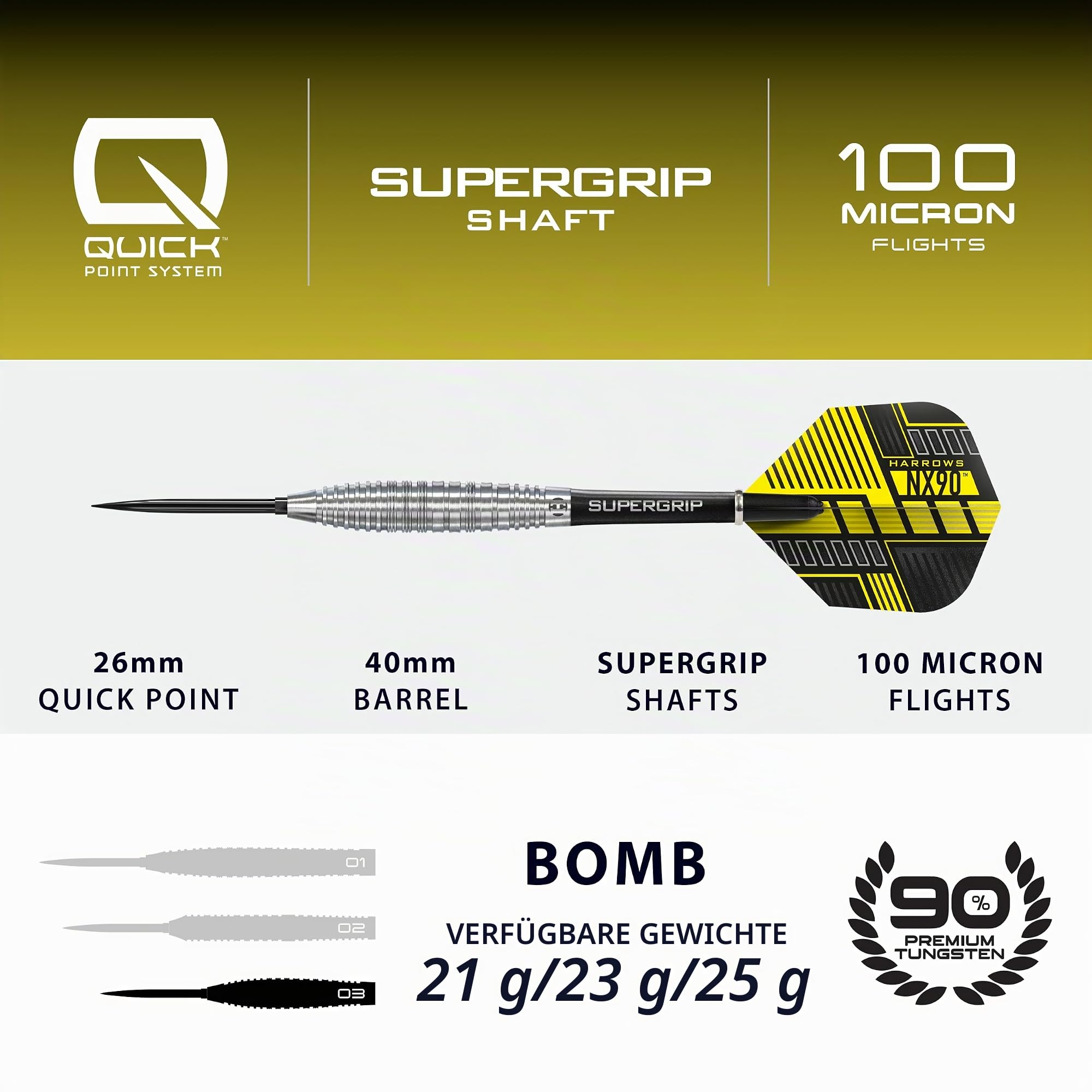 Harrows NX90 Bomb Shape Darts Set I Profi Darts 90% Tungsten Steel Tip Darts-Set mit Quick Point Change System I 10-teiliges Set mit schwarzen Supergrip Midi Schäften & NX90 Flights