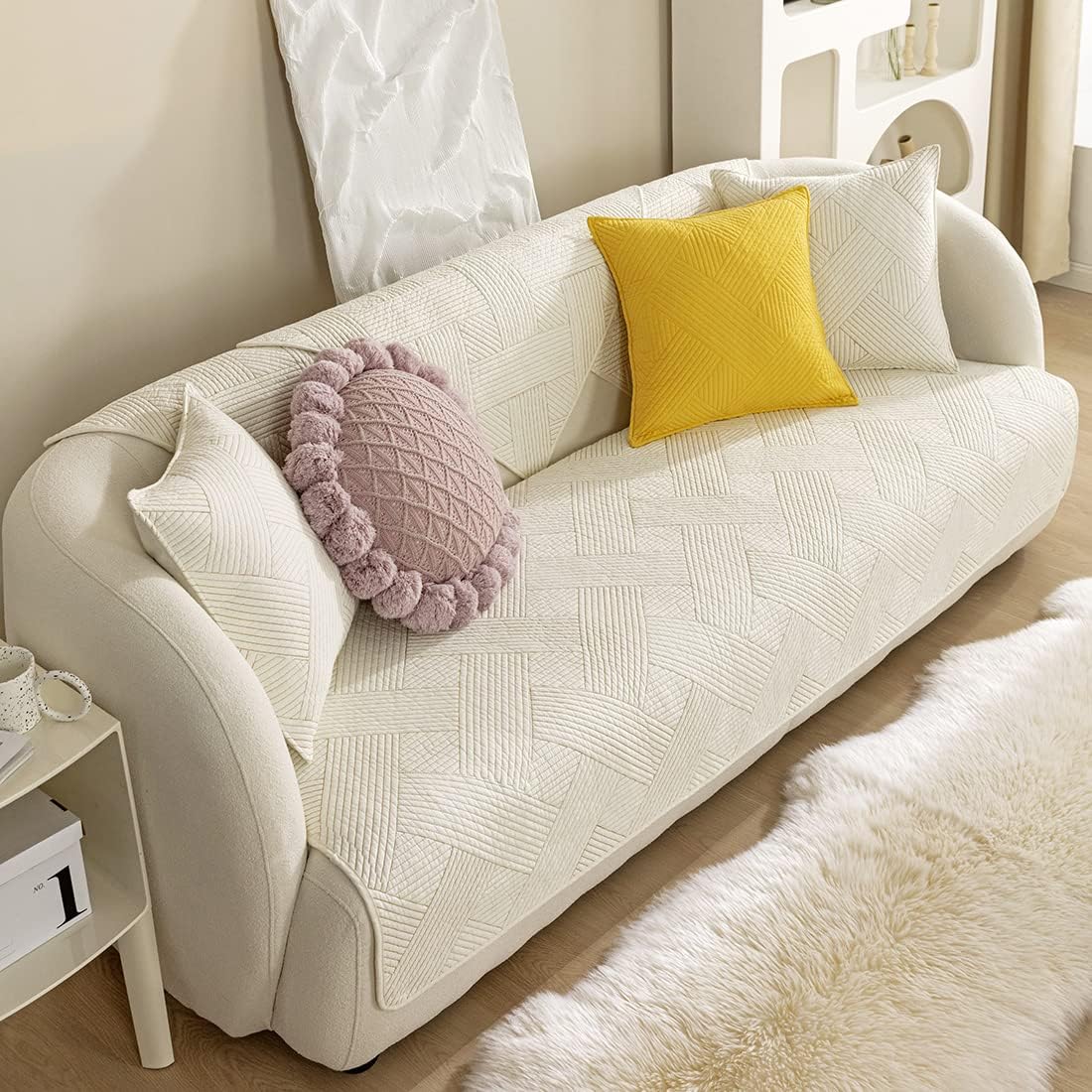 vctops Weave Stripe Sofa Cover Solid Color Cotton Quilted Sectional Couch Covers Geometric Pattern Non Slip Sofa Slipcover Super Soft Furniture Protector for Dogs, Children, Pets (Cream,28"x70")