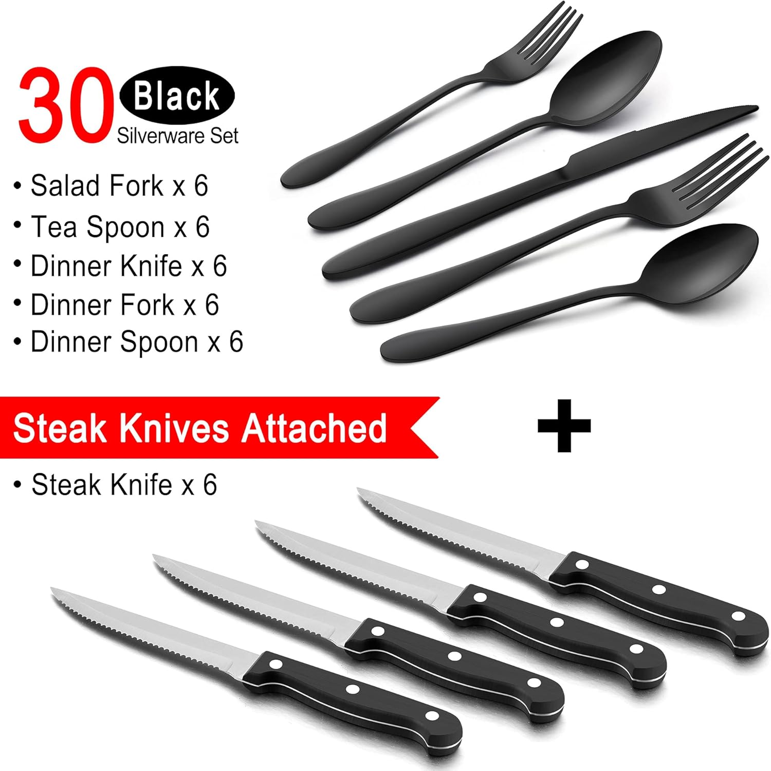LIANYU 36-Piece Black Flatware Set with Steak Knives, Stainless Steel Silverware Cutlery Set for 6, Tableware Eating Utensils, Mirror Finished, Dishwasher Safe