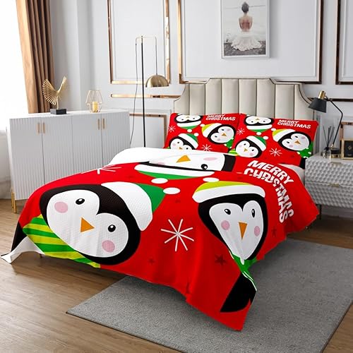 Miniatura 2 de Juego de colcha de Navidad para niños, tamaño King, diseño de pingüinos de dibujos animados, animales árticos, decoración de habitación de niños y