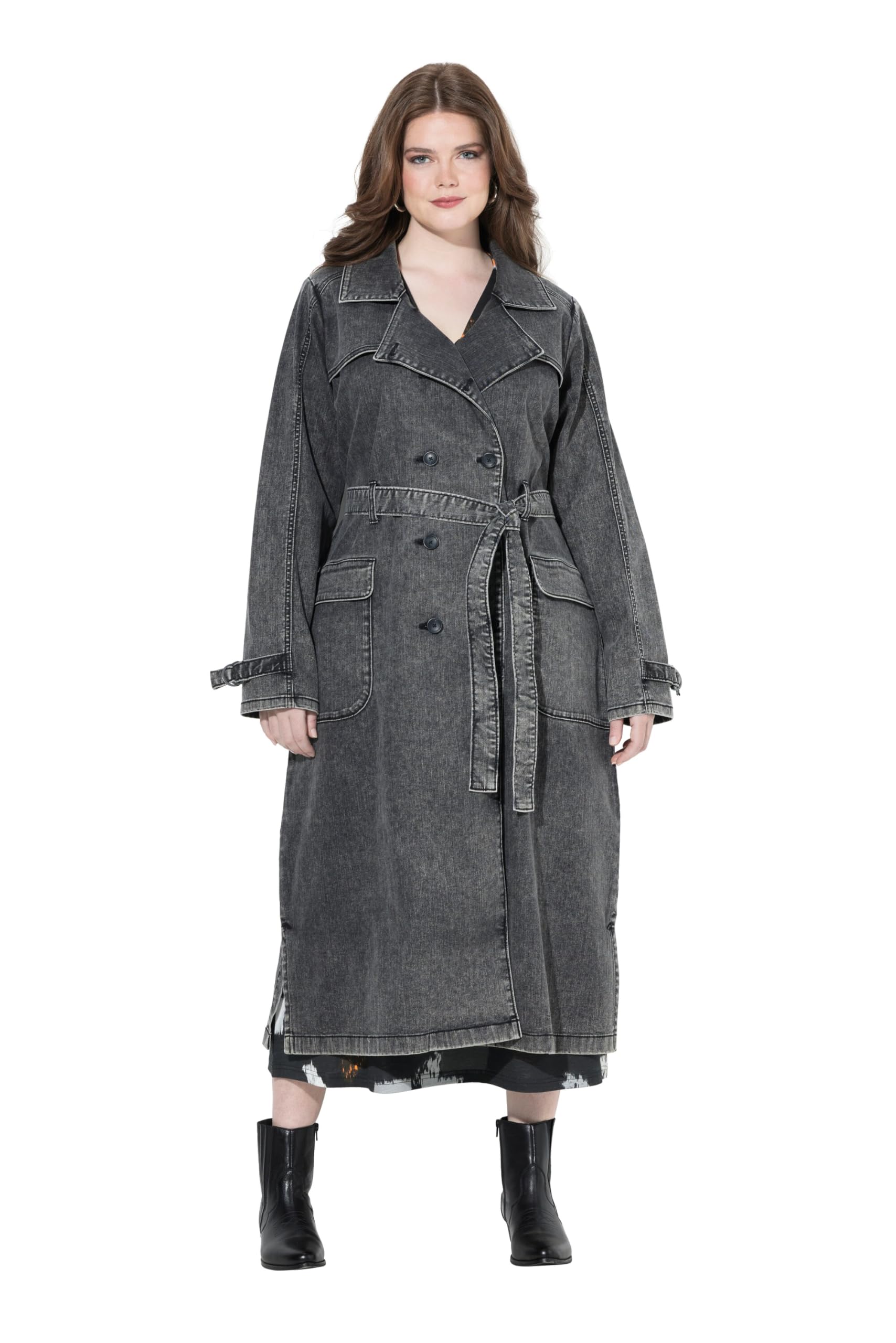 Ulla Popken Damen große Größen Übergrößen Plus Size Jeans-Trenchcoat, Reverskragen, Vintage, doppelreihig 830347