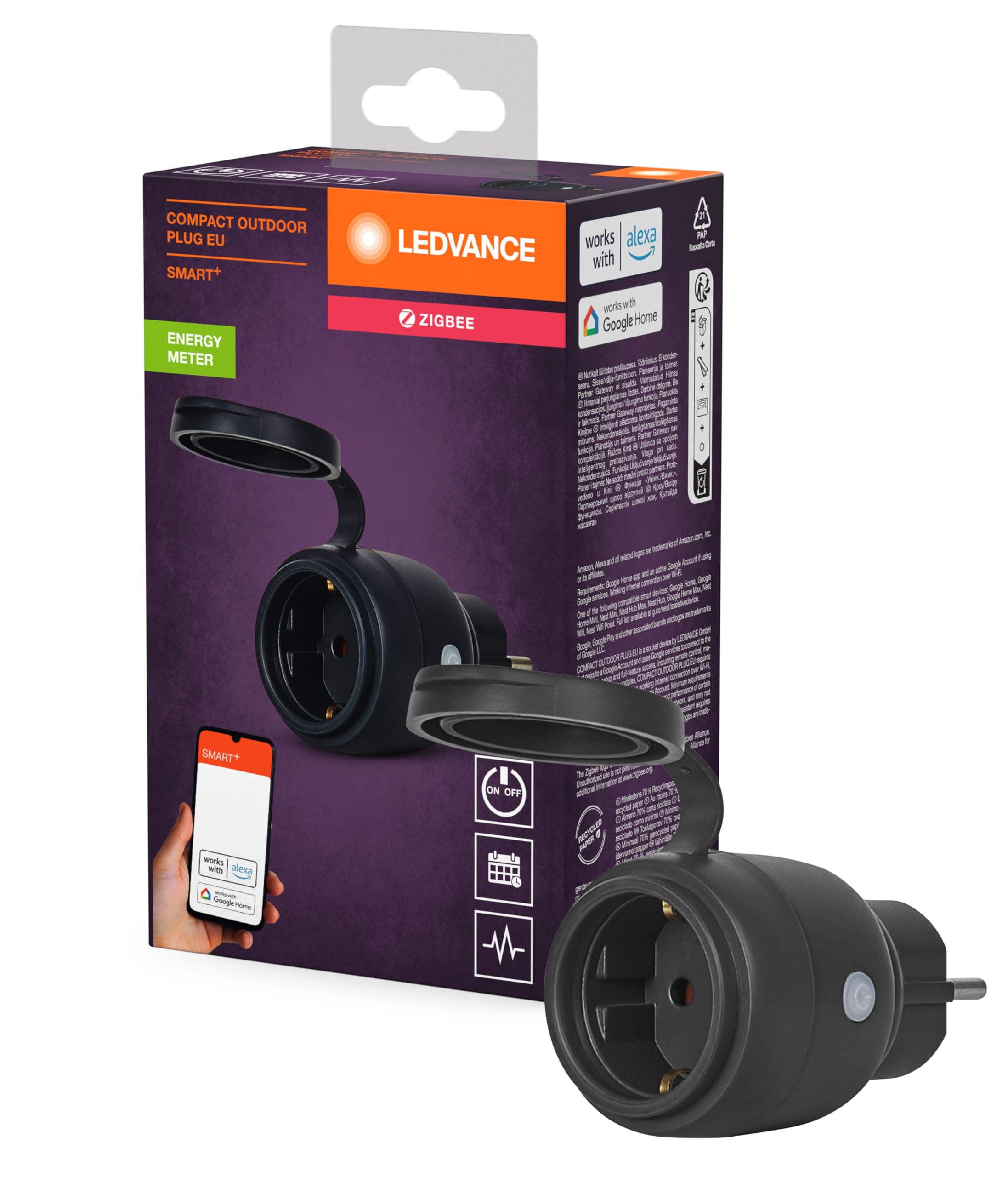 LEDVANCE LEDVANCE SMART+ ZigBee Outdoor Plug, kompakte Außensteckdose mit Energieverbrauchskontrolle, macht konventionelle Geräte smart, steuerbar über Alexa, Google Home und andere Zigbee Gateways, 1er-Pack