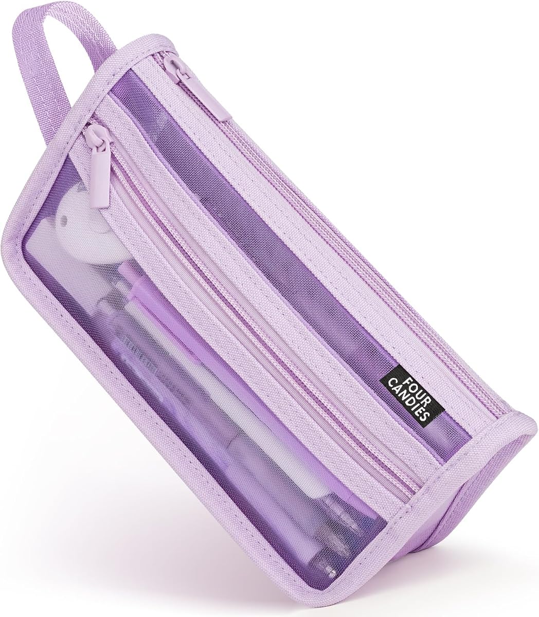Grid Mesh Pencil Case, Clear Double-layer with Handle (Purple) | Smooth Zipper, Transparent Pencil Pouch, Cute Back to School Stationary, Makeup Bag, Travel Friendly, for Office College