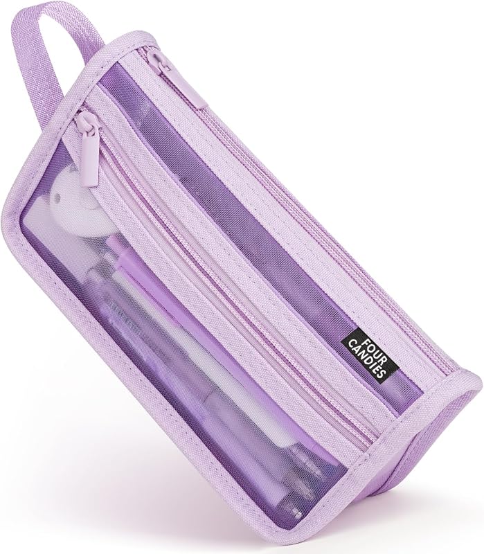 Grid Mesh Pencil Case, Clear Double-layer with Handle (Purple) | Smooth Zipper, Transparent Pencil Pouch, Cute Back to School Stationary, Makeup Bag, Travel Friendly, for Office College