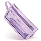 Four Candies Grid Mesh Pencil Case with Handle and Zipper, Clear Double-layer Pencil Pouch Marker Pouch, Travel Makeup Bag, Cute Transparent Stationary Organizer Pen Bag for Adult Office College