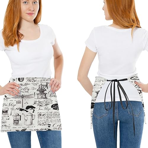 Miniatura 2 de Retro Coffee Theme 3 Pack Server Aprons with 3 Pocket Waterproof Womens Half Waist Aprons for Cooking Dishwashing Kitchen Gardening Salon