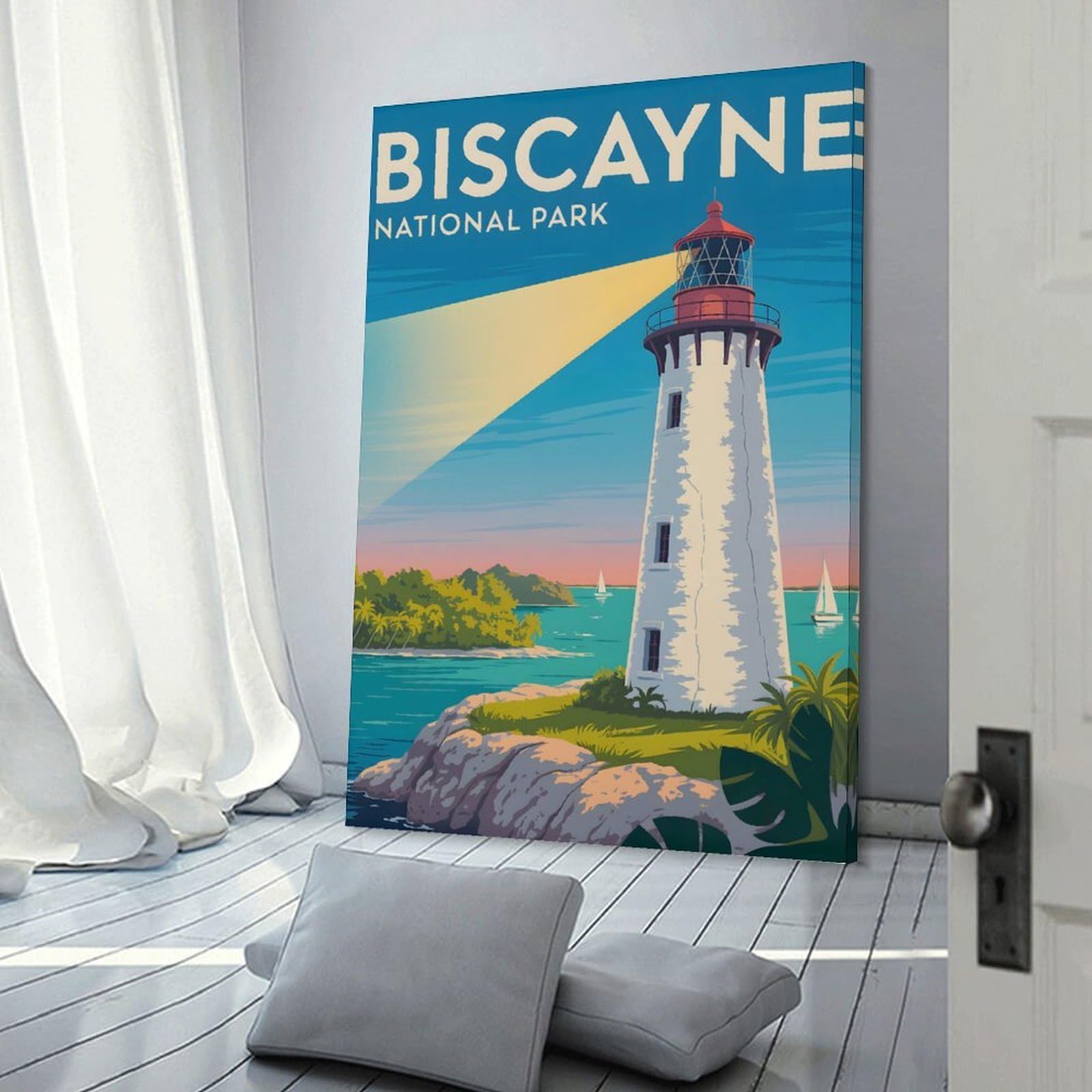 Junmoney Wall Art Print Biscayne National Park Lighthouse Illustration, 20x30inch(50x75cm), for Living Room, Bedroom Or Apartment Walls, Modern Wall Decor for Cosy Interiors