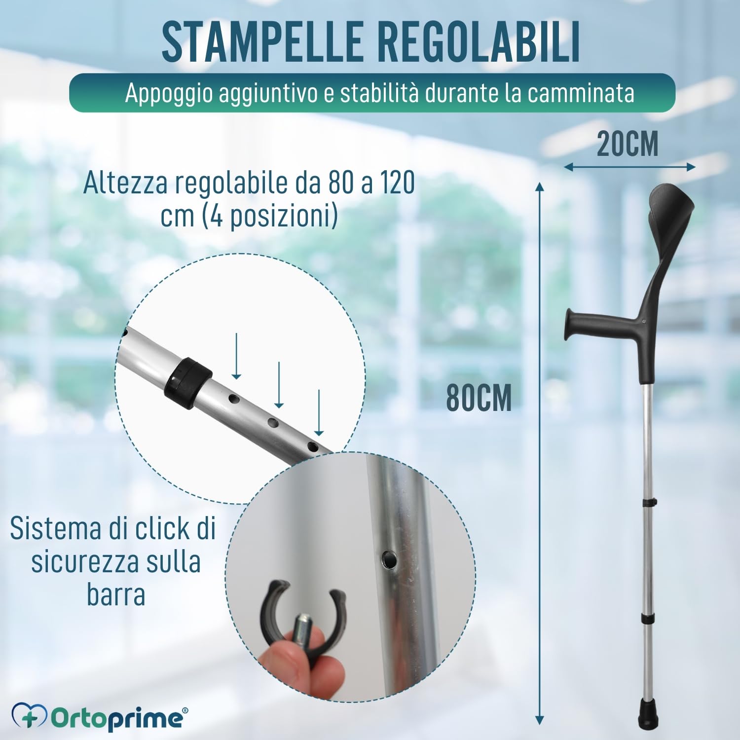 OrtoPrime PACK x2 UNITS Stampelle Ortopediche Regolabili in Alluminio per Adulti - Stampelle Canadesi con PUNTE ANTISCIVOLO - Stampelle Anatomiche Adattabili e Resistenti per Anziani.