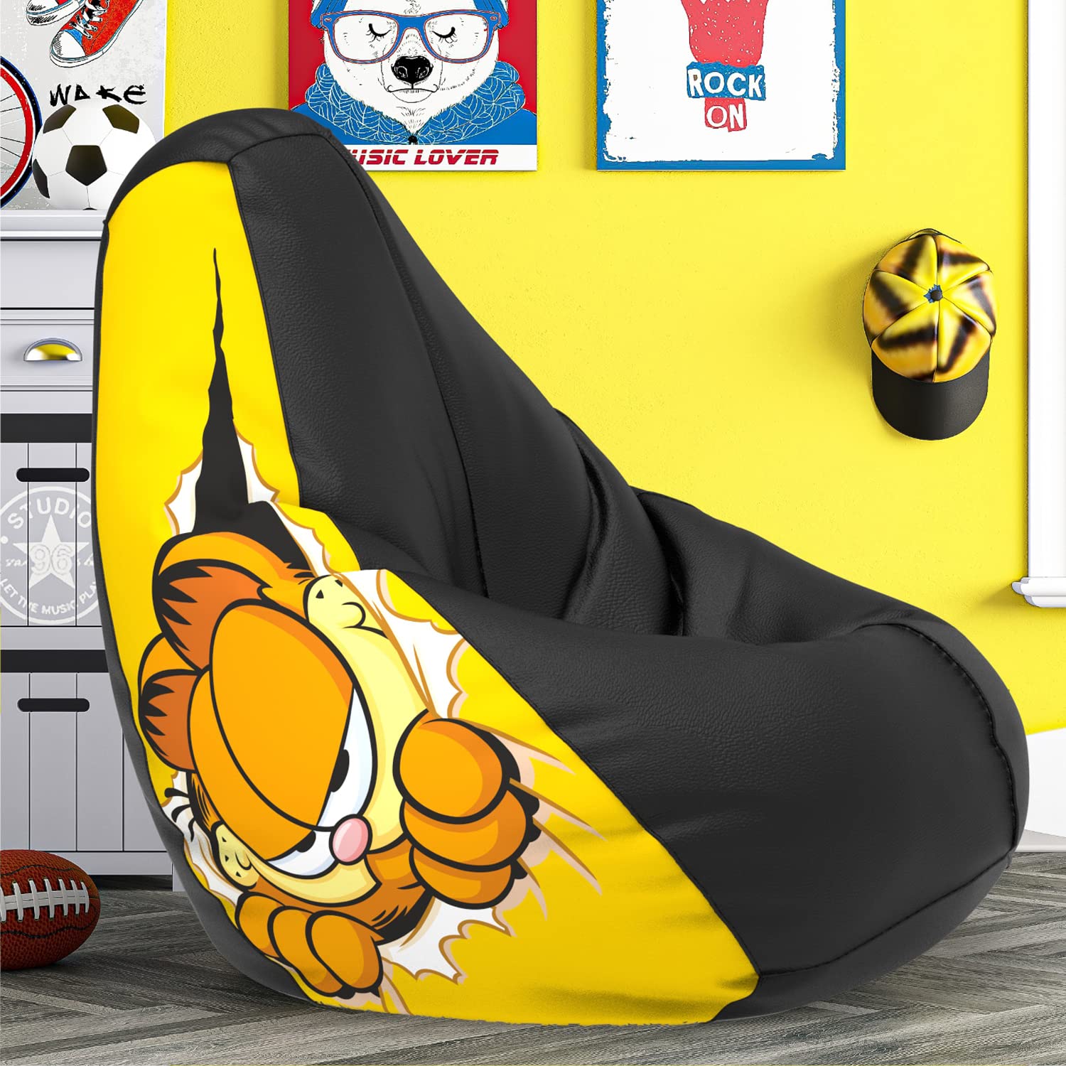 Pi Bean Bags - Bean Bag with Beans Filled - XXXL - Official: Garfield - for Adults - Max User Height : 4.5 Ft.-Weight : 50 Kgs - Prefilled Bean Bags (Garfield_ARTWORK-10 - Black)