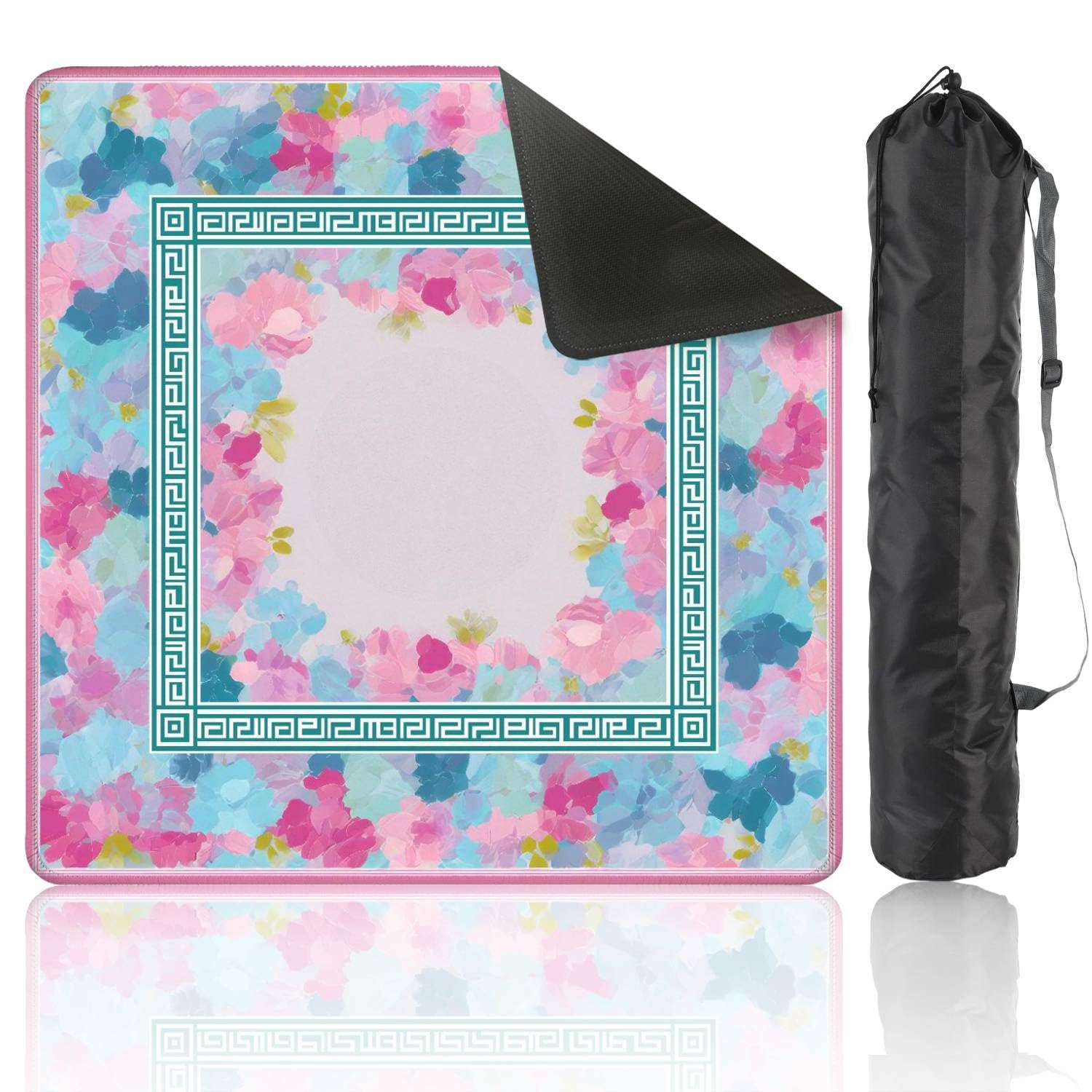 Mahjong Mat 31.5" x 31.5" Soft Pastel Floral Greek Key Border Non-Slip Noise Reduction Mahjong Tiles Table Cover for Dominoes Poker Card Board and