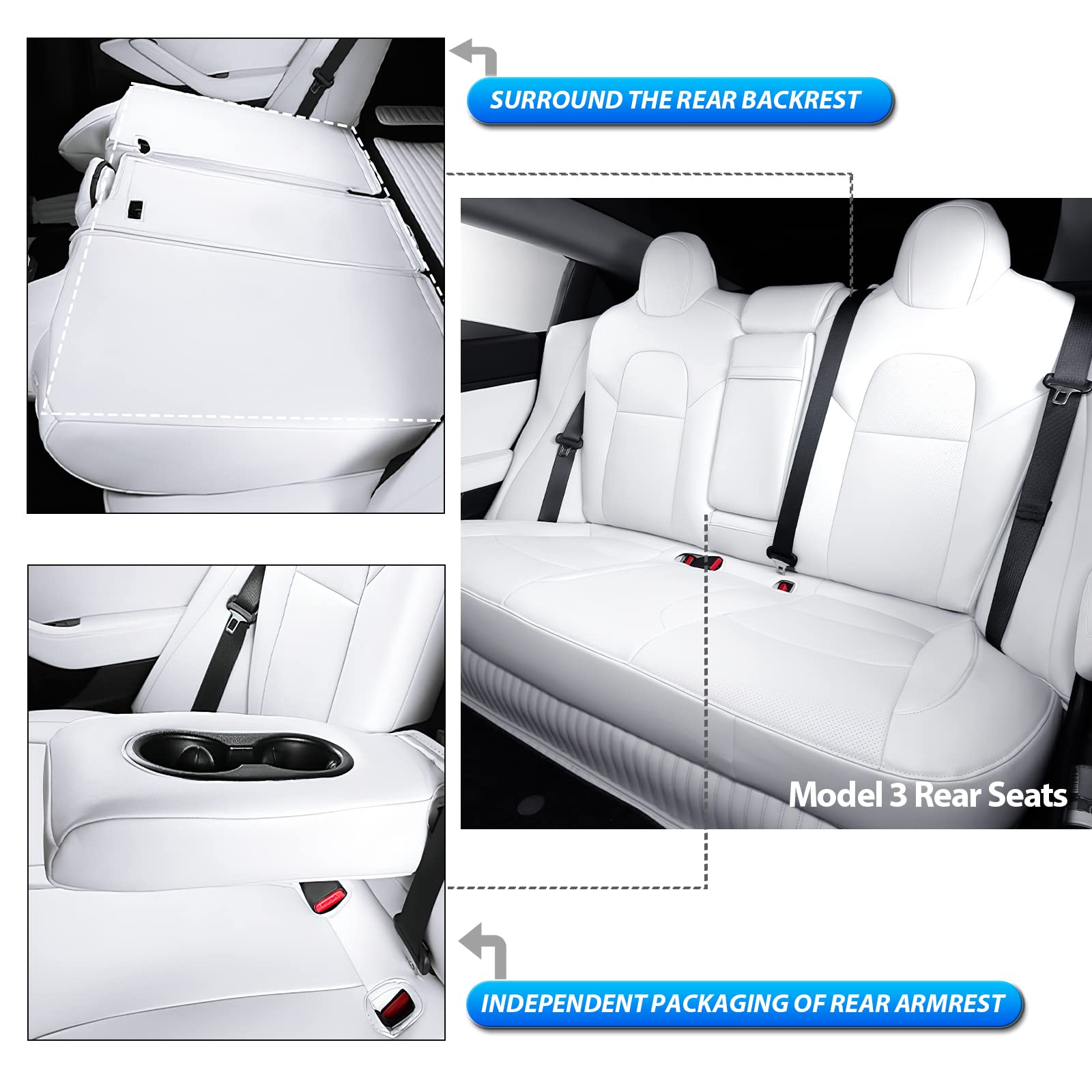 RuiYue Carry Fit Tesla Model 3 Car Seat Cover, Nappa Leather Seats Protector, Half Surround OEM Style Customized Interior Accessories for 2017 2018 2019 2020 2021 2022 2023 (White)