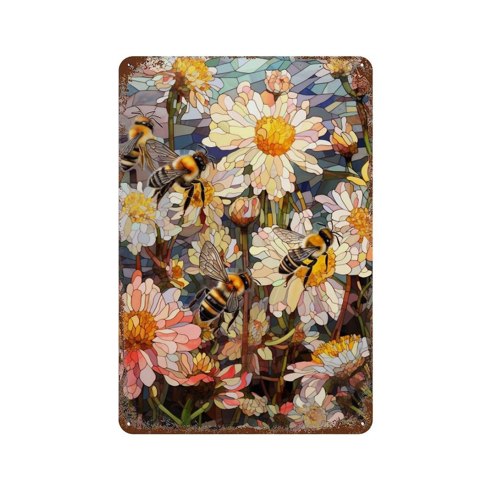 Stained Glass Bees And Flowers Rustic Tin Plaque 11.8"x7.9", Industrial Home Decor for Pub, Kitchen And Man Cave Decor