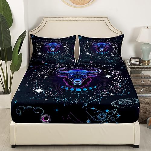 Vista 39 de Erosebridal Aries - Sábana bajera ajustable tamaño matrimonial, sábanas psicodélicas celestiales, sábanas de galaxia trippy de doce constelaciones