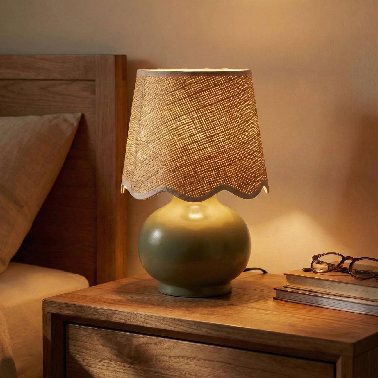 Benton Ceramic Table Lamp with Fabric Shade – 13" Bedside Accent Lamp for Bedroom, Living Room & Nightstand (Green)