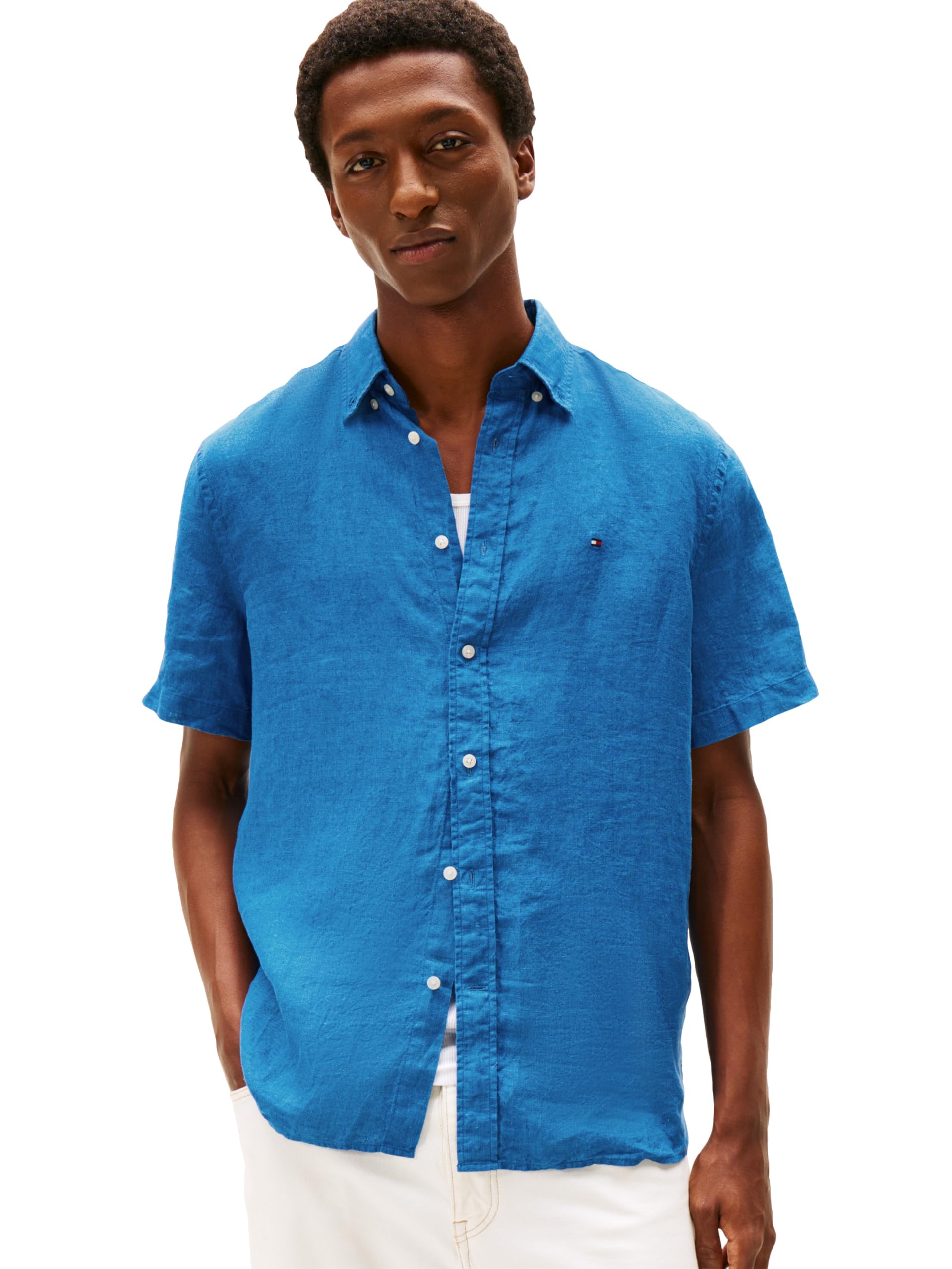 Tommy Hilfiger Men's Blue Orbit Pigt Dyed Linen Regular Short Sleeve Shirts, Medium