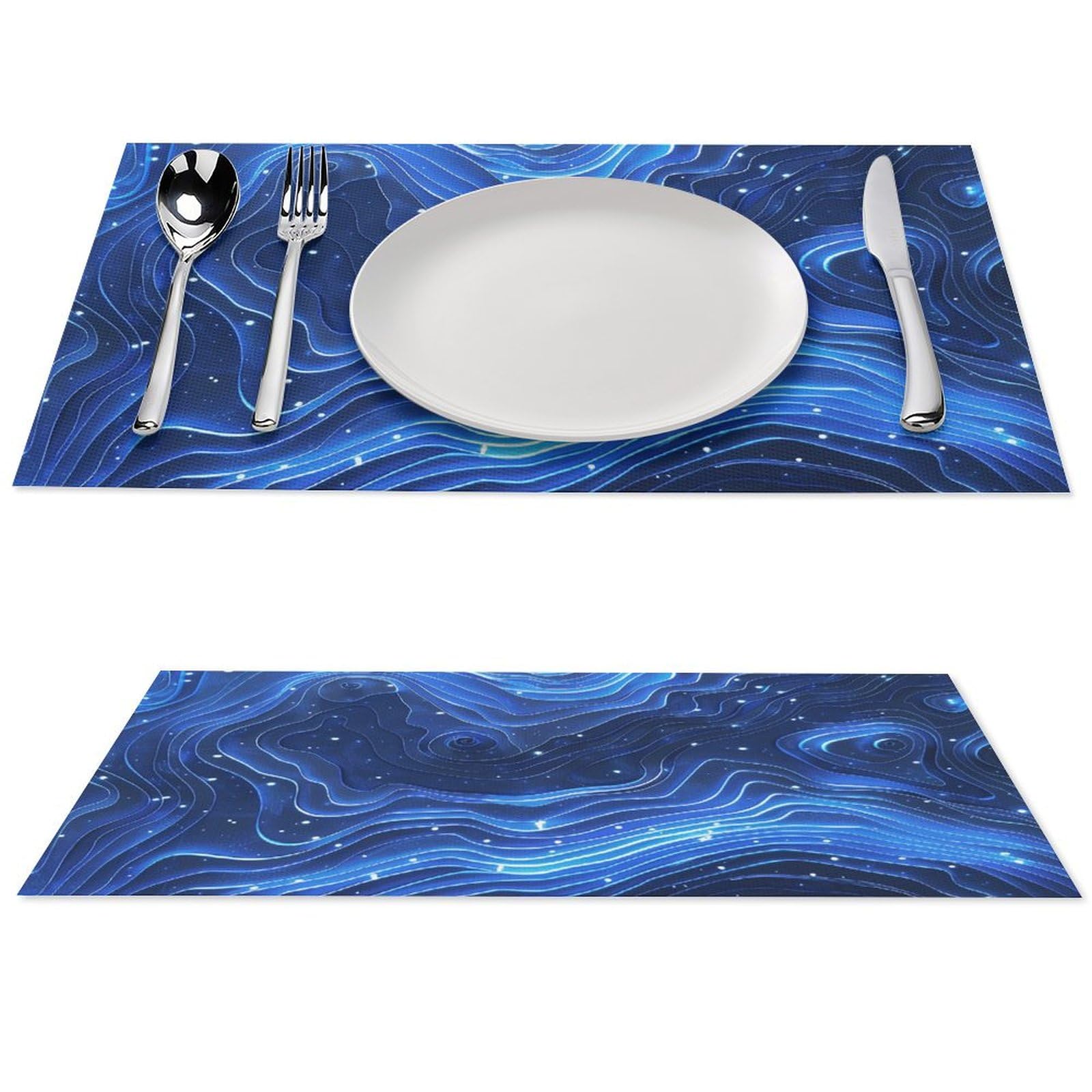 Sets de table en vinyle tissé bleu anti-tache lavables et durables pour repas chauds