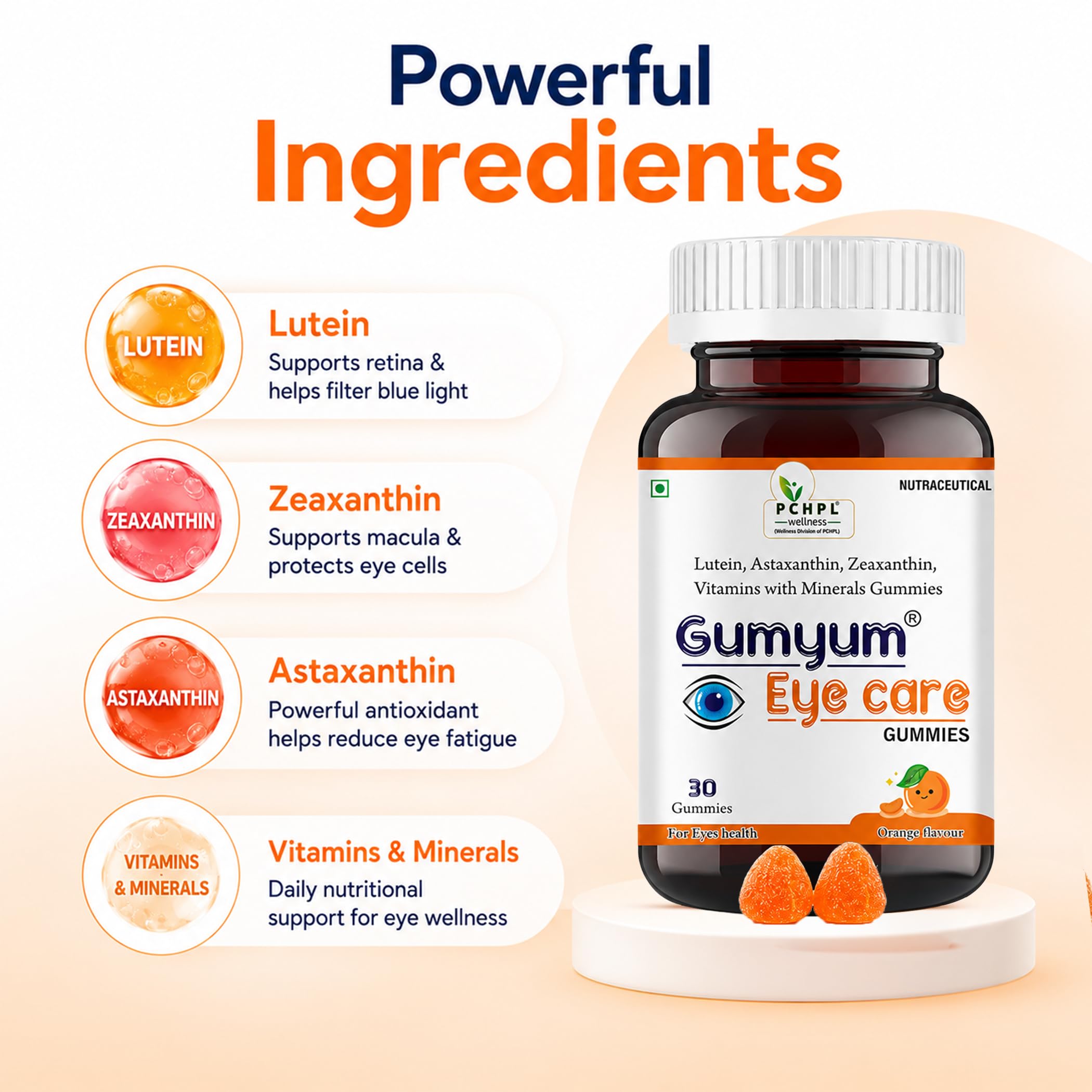 PCHPL wellness Gumyum Eye Care Gummies - Lutein, Astaxanthin, Zeaxanthin, Vitamins C & E, Zinc, Copper | Protects Against Blue Light, Relieves Eye Dryness | 30 Orange Gummies 1