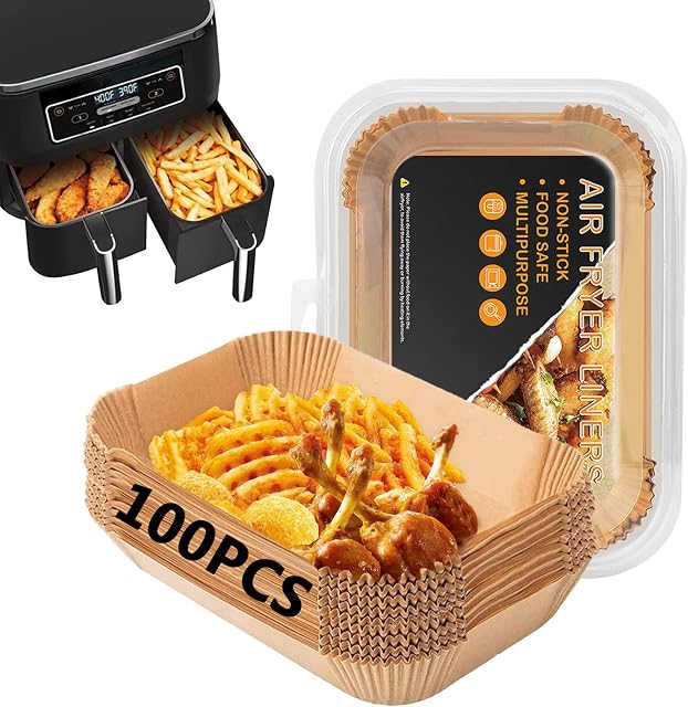 Air Fryer Liners Rectangle 8.6*5.5in Air Fryer Disposable Paper Liners for Ninja Dual Air Fryer, Parchment Paper Liners Oil-Proof, Water-Proof, Fit Ninja AF300UK, AF400UK, 100Pcs