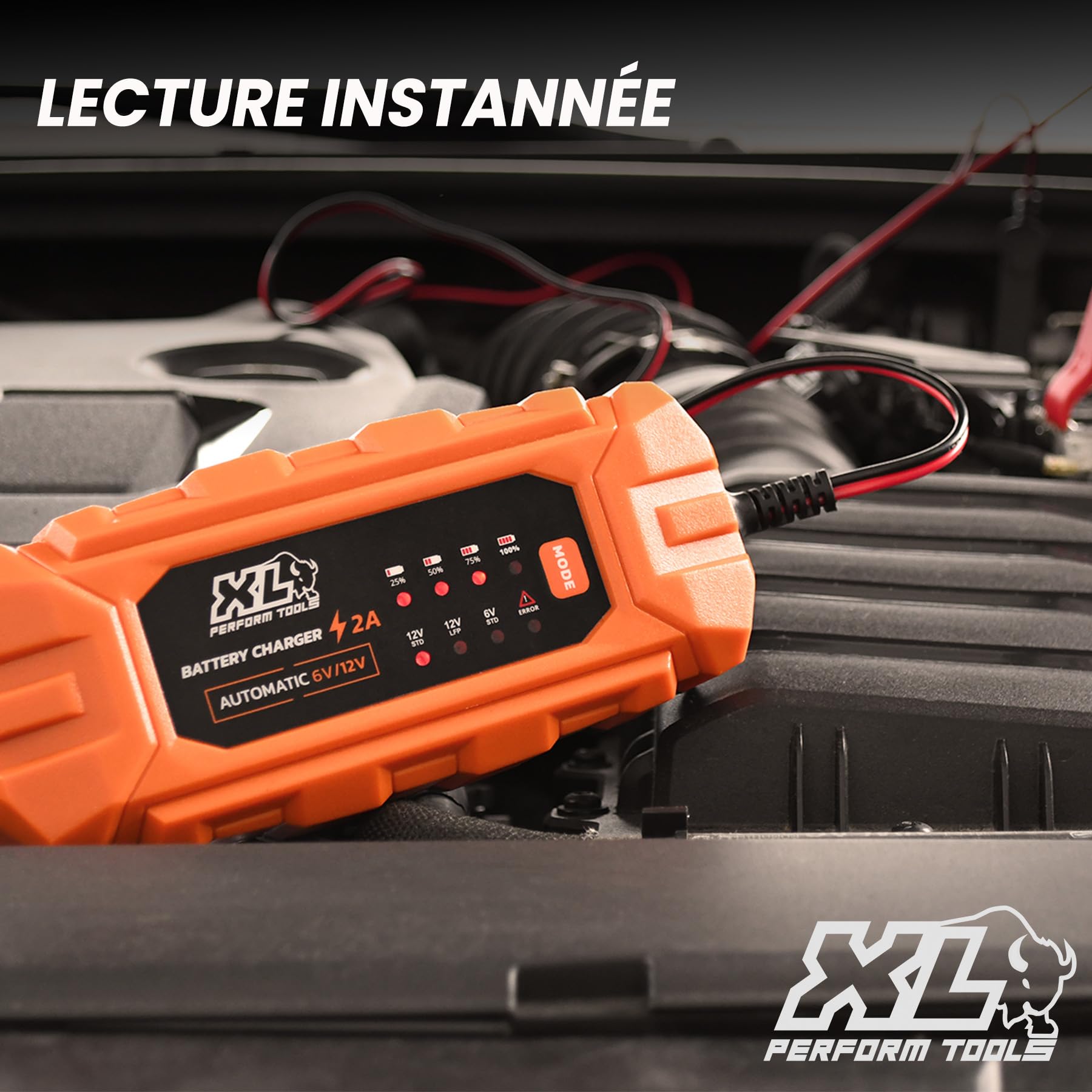 XL Perform Tools 553995 Chargeur de Batterie de Petite Cylindrée 6V/12V 2A, Chargeur de Batterie Intelligent Compact, Maintien de Charge