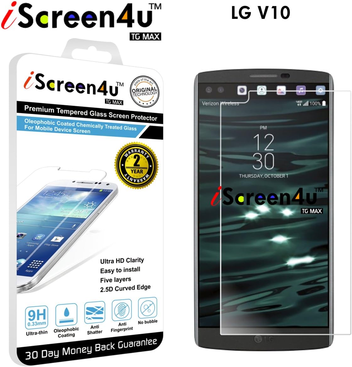 LG V10 Screen Protector - iScreen4u TG MAX 2.5D Rounded Edge 0.33mm Ultra-Thin Tempered Glass Screen Protector for with a 2-Year Limited Warranty (LG - V10)