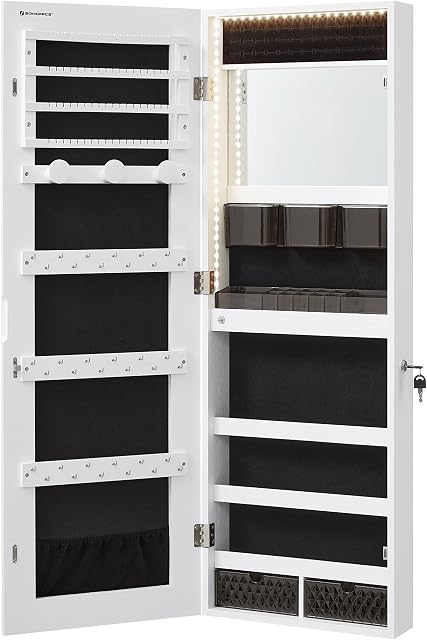 SONGMICS Jewellery Cabinet Organiser with LED Lights, Lockable Wall-Mounted Storage Cabinet with Full-Length Mirror, Built-in Makeup Mirror, 2 Drawers, for Necklace Earring, White JJC013W01