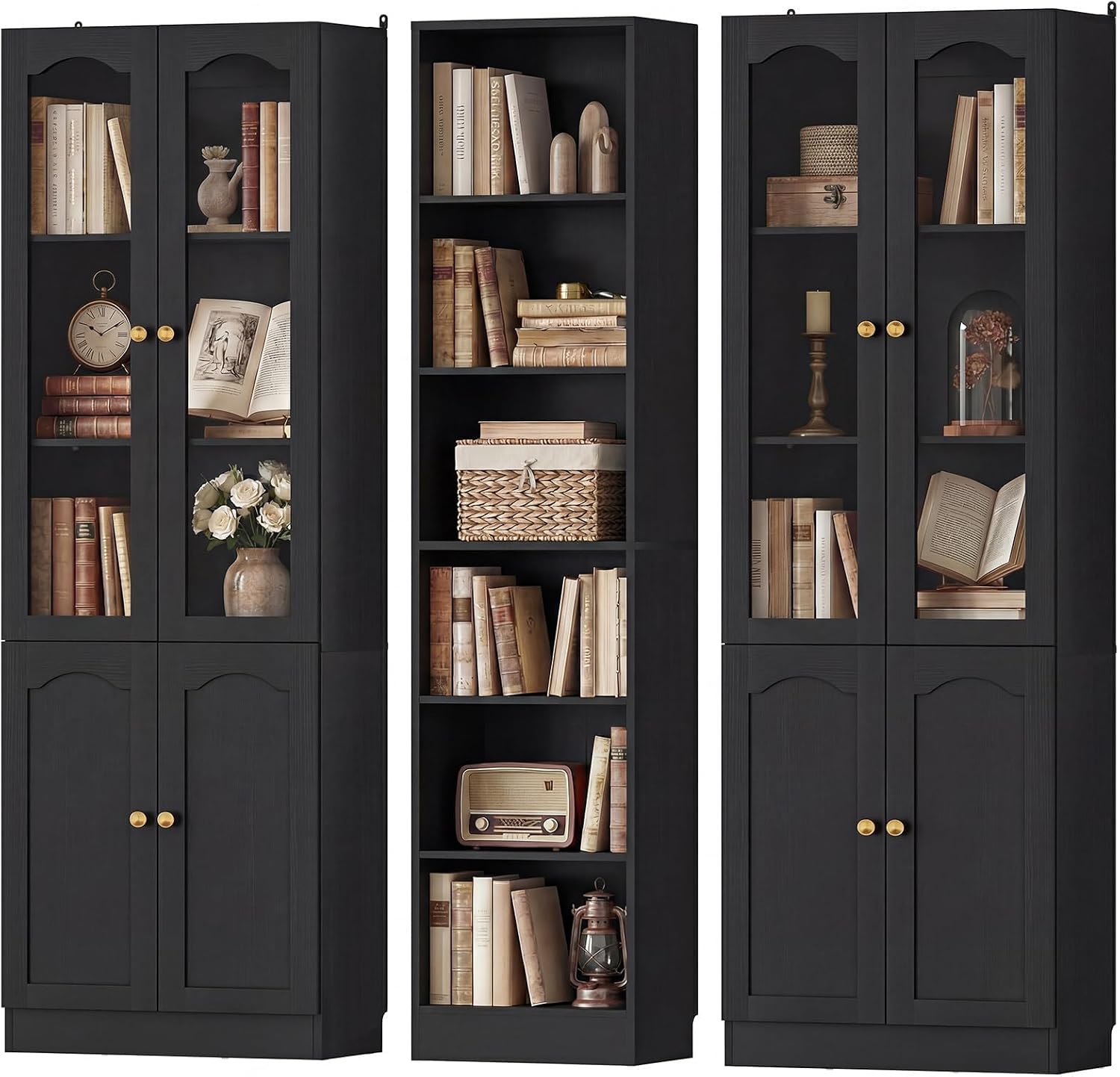 Cyclysio 80" Tall 3-Piece Bookcase Set, Black Storage Cabinet with 2 Arched Glass Door & 1 Open Bookshelf, Flush-to-Wall Bookshelf with Baseboard Cutout for Living Room, Kitchen, Office