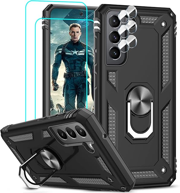 LeYi for Samsung Galaxy S21 FE 5G Case and 2 Tempered Glass Screen Protector and 2 Camera Lens Protector,Ring Holder Military Grade Protective Silicone Shockproof Tough Hard Armour Phone Cover, Black