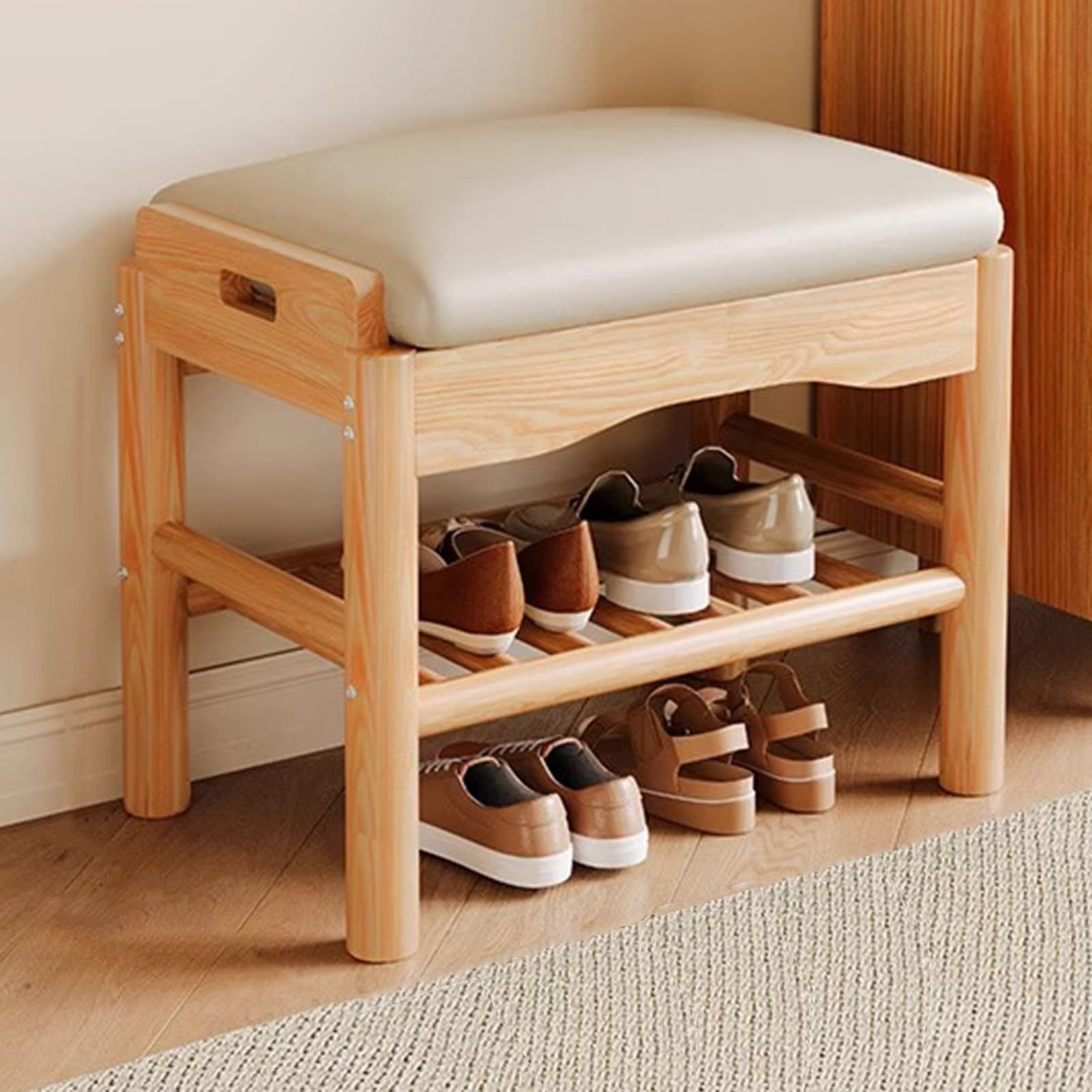 MSHGSKU Wooden Entryway Bench with Storage & Padded Cushion Weatherproof Shoe nizer Rack for Living Room Bedroom Hallway Apartment Natural Wood Seating Solution