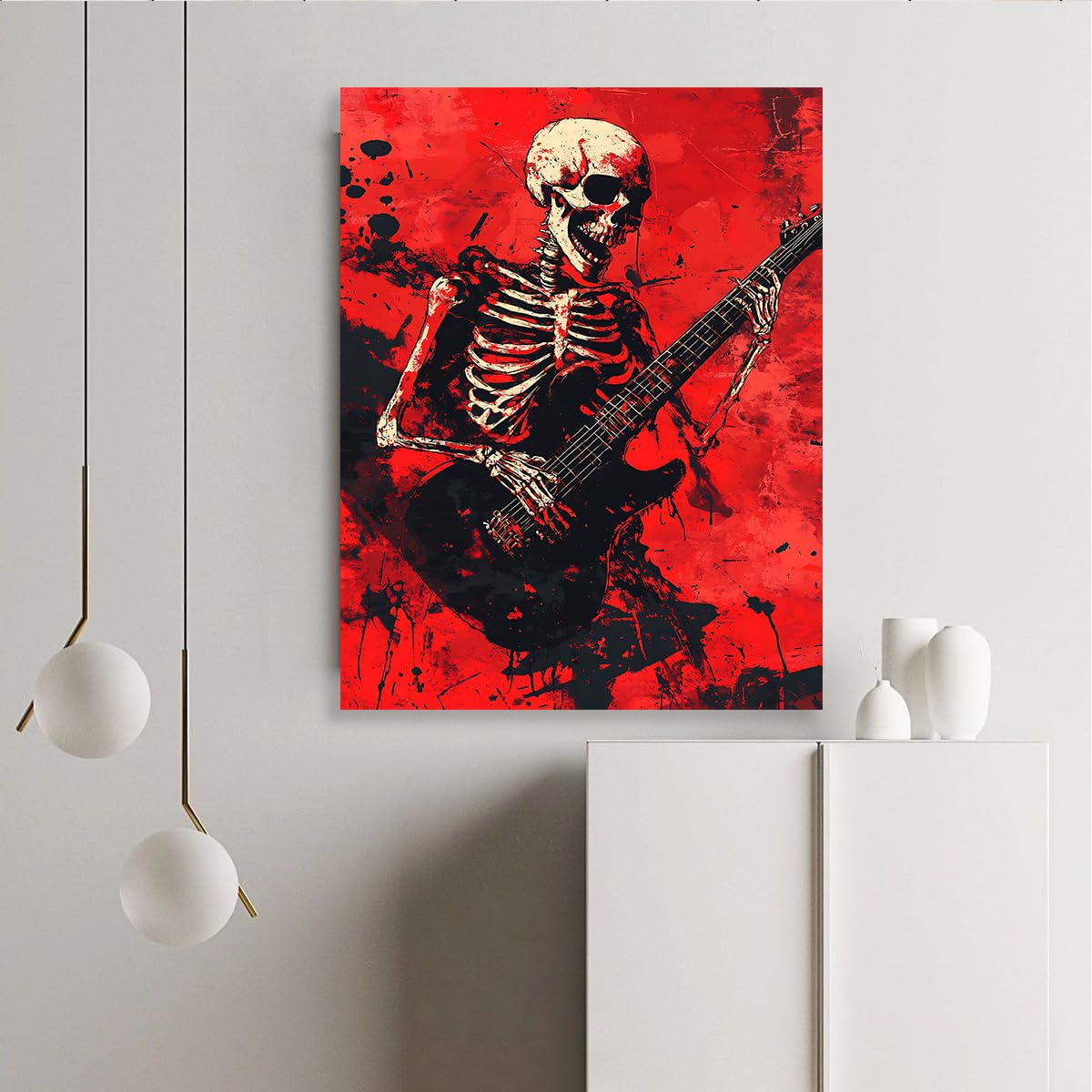 UIRINGART Tela di chitarra scheletro Arte murale Stampe inquietanti di scene musicali Poster unici Graffiti rossi per camera da letto soggiorno Studio Arredamento 35x55cm