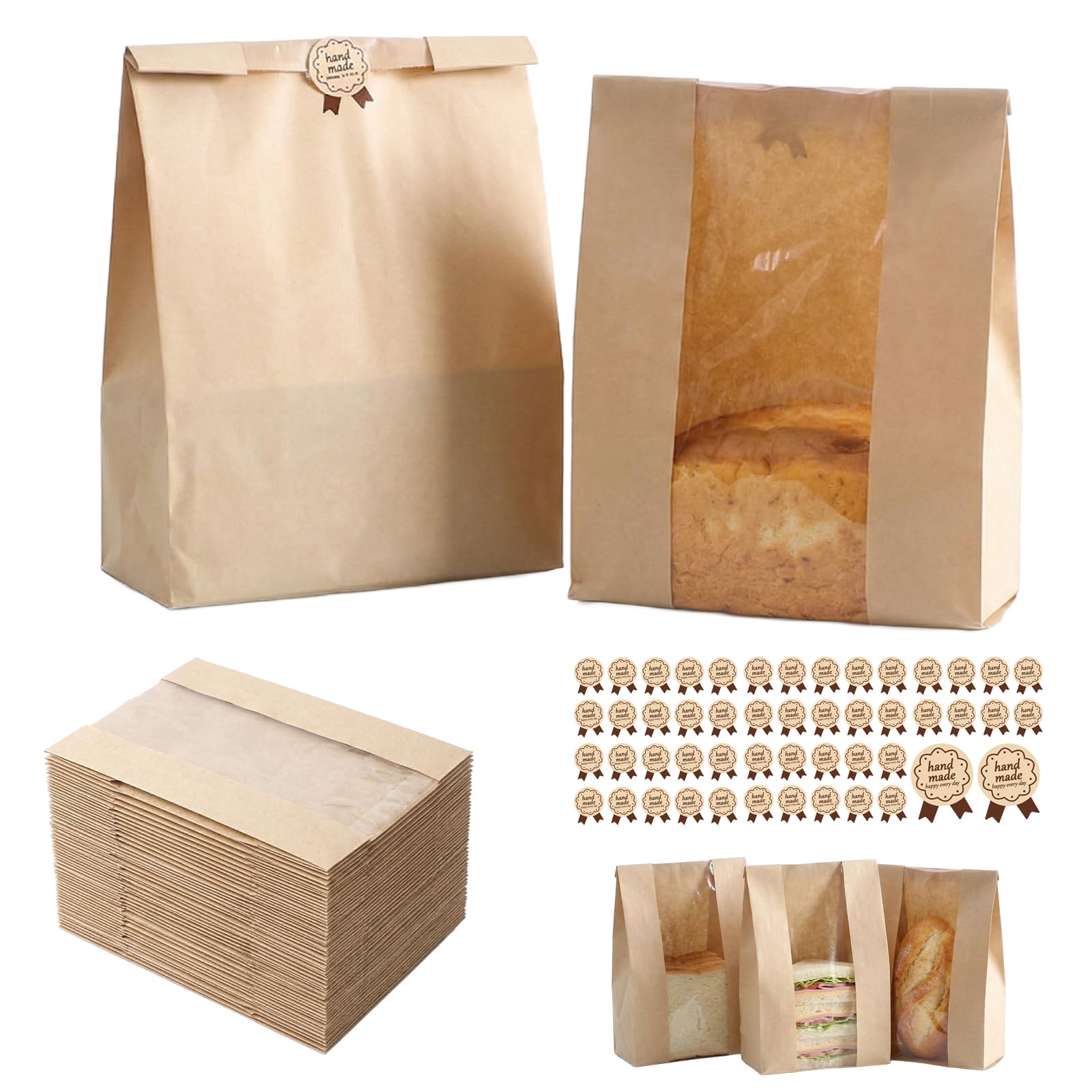50Pcs Bread Bags for Homemade Bread, Bread Bags with Window, Kraft Paper Bakery Bag Large Bakery Bag for Storage Breads Cookies and Snacks (35 x 21 x 9cm)