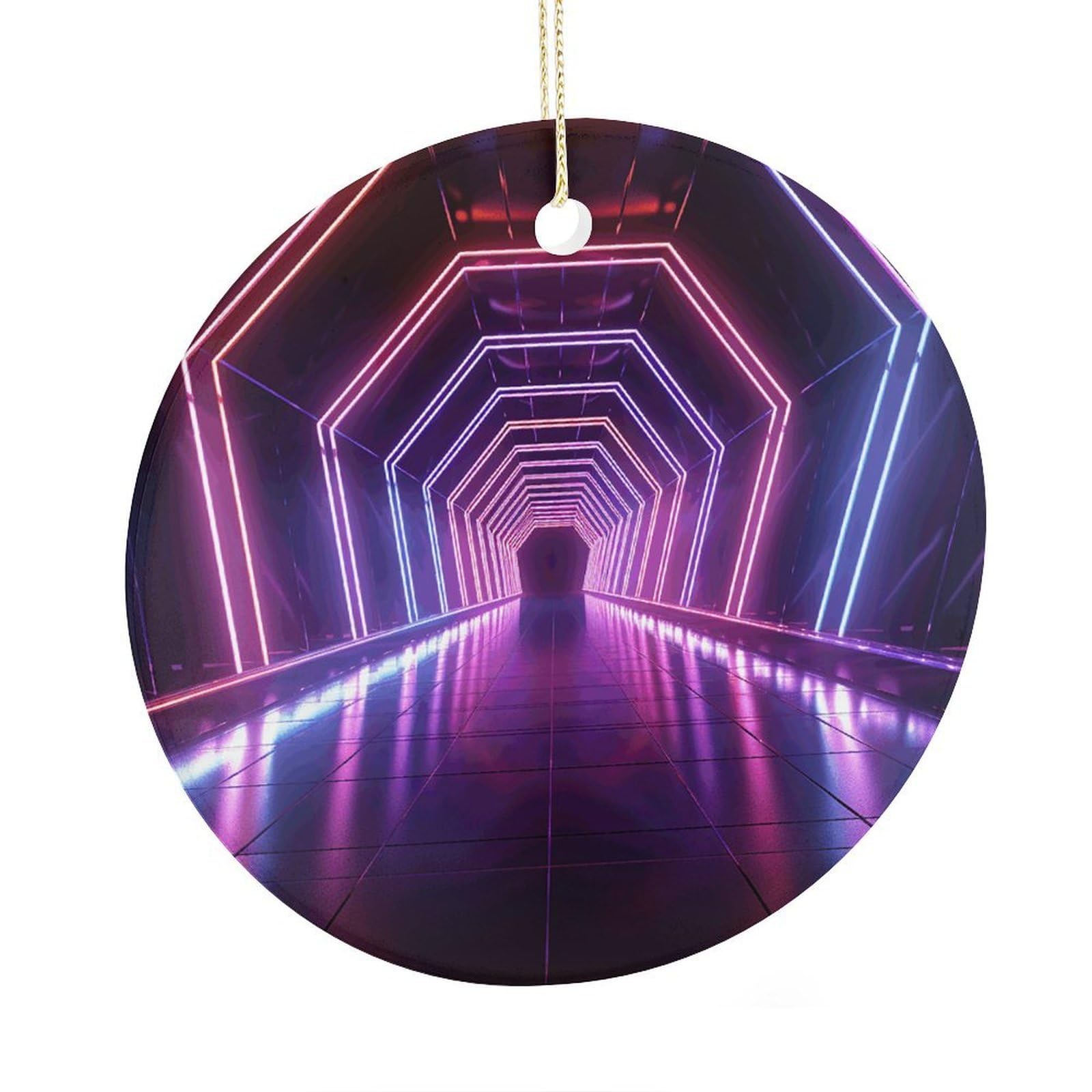 Fekiloot Style Neon Lights Tunnel Christmas Ornaments 2.9 Inch Round Ceramic Ornament Keepsake Thank You Gifts For Office, Room, Home - Holiday Present Ideas
