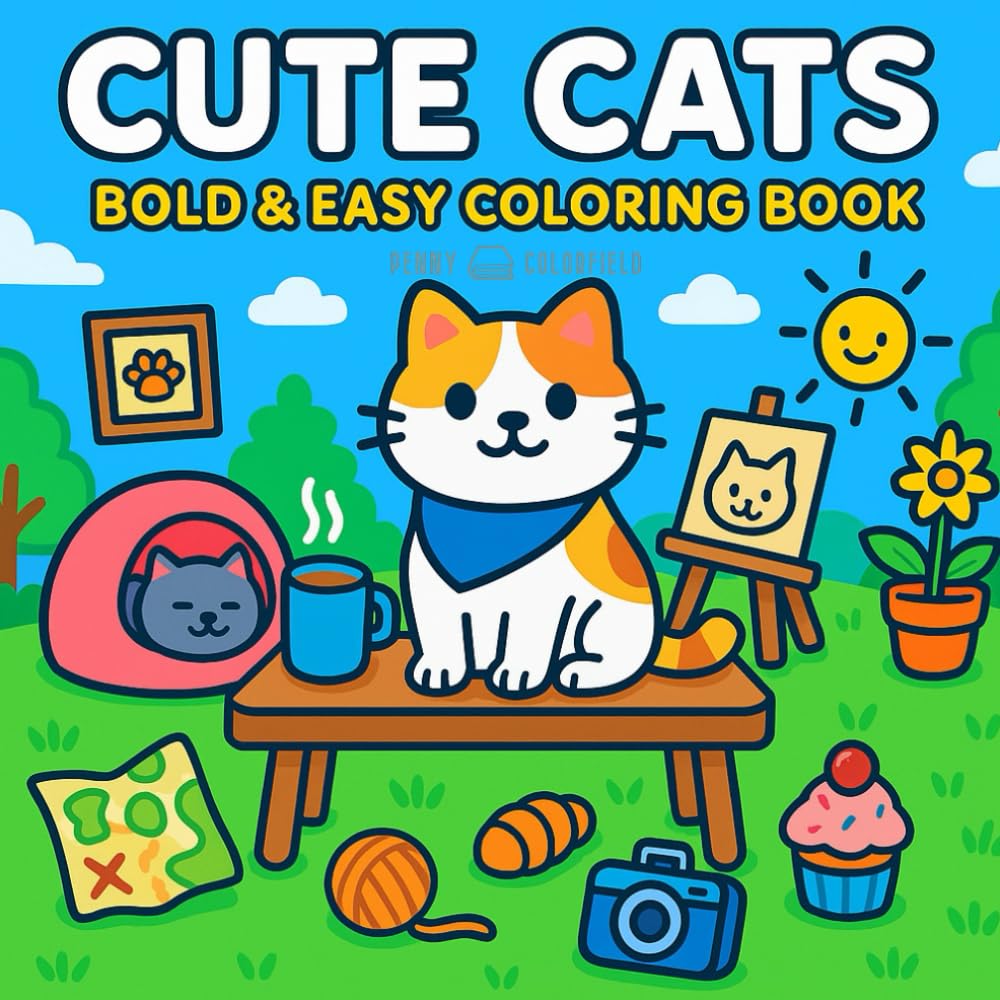 Cute Cats - Bold and Easy Coloring Book: Relaxing and Fun Cat-Themed Coloring Pages for Children and Grown-Up Cat Fans