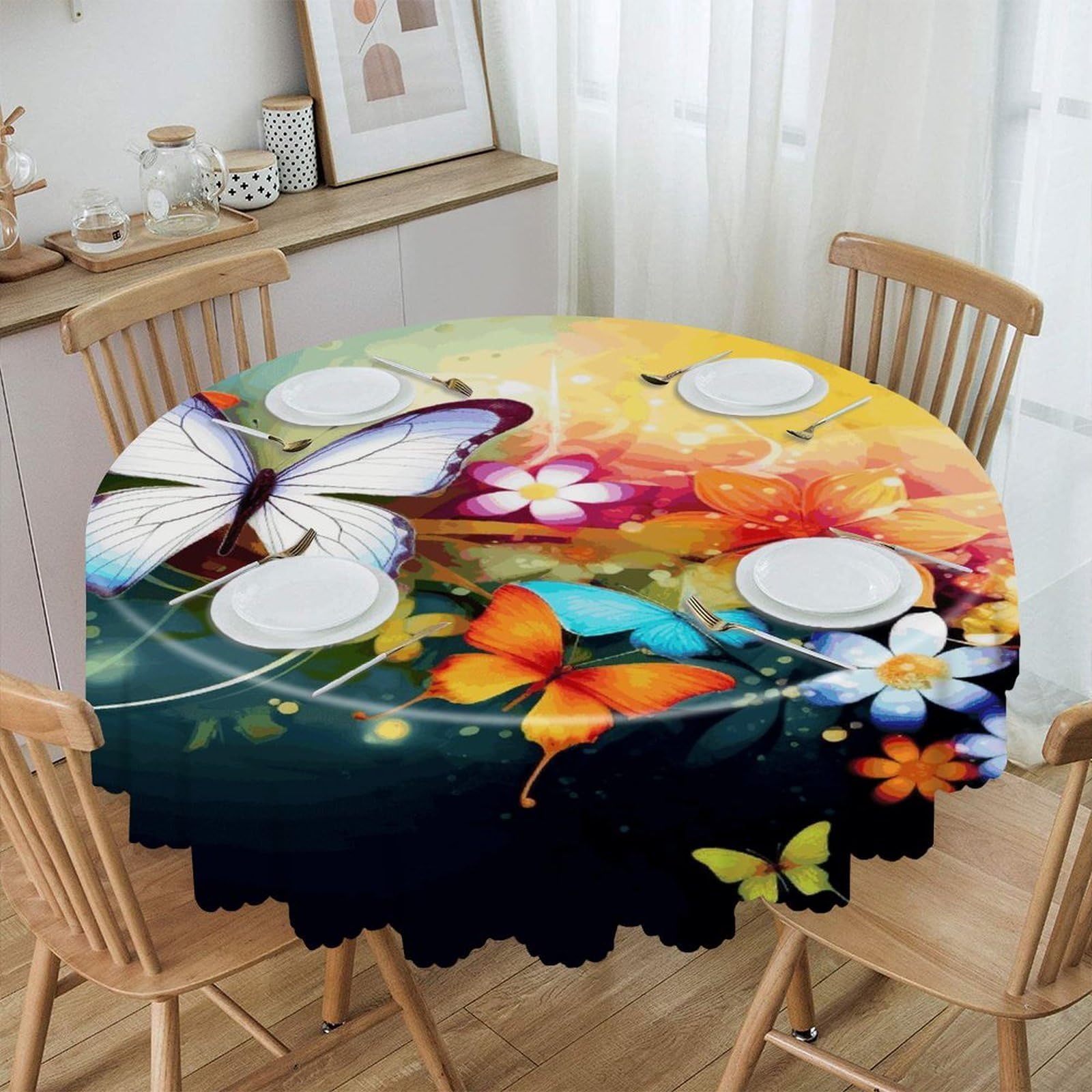 VstaDank 60 Inch Round Colorful with Butterfly Tablecloth Polyester Waterproof Wrinkle Free Table Cloth Spillproof Washable Table Cover Colorful Tablecover Decor for Home Kitchen Dining Party