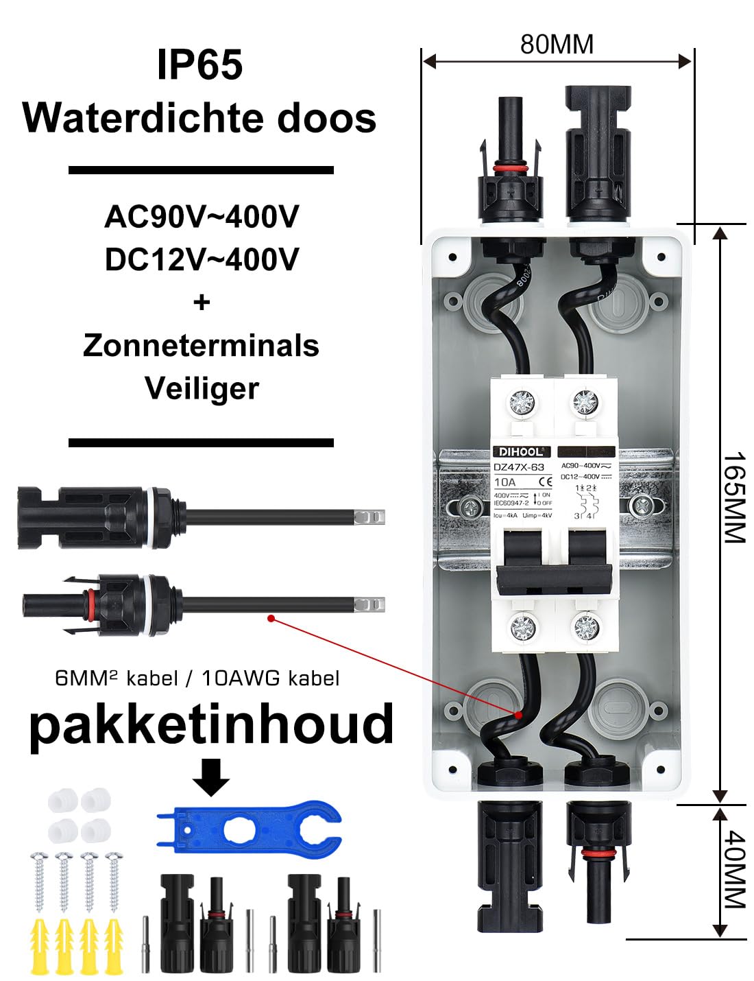 DIHOOL Odłącznik DC PV, wyłącznik nadmiarowy, automatyczny bezpiecznik, 2-biegunowy, 10A, 12V (12V-400V) z kablem, wtyczka solarna, IP65, wodoszczelna obudowa